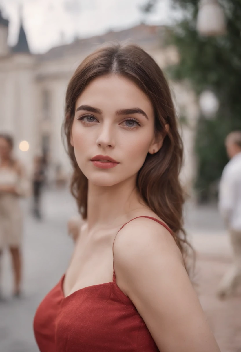 Influencer de Instagram femenina blanca realista, La mejor calidad, rubio, 1 girl, ojos azules, en vestido corto ajustado blanco