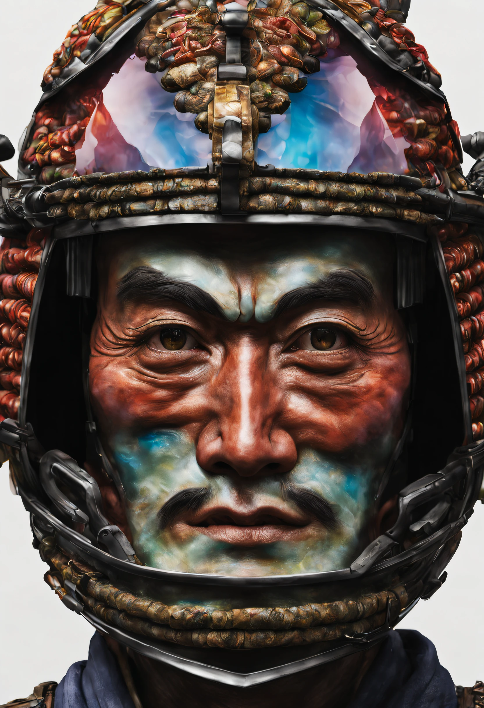 The realistic face of a Japanese ronin with his mask and helmet made of multicolored glass, it's realistic and detailed. Small touches of color are visible inside as if it were filled with water