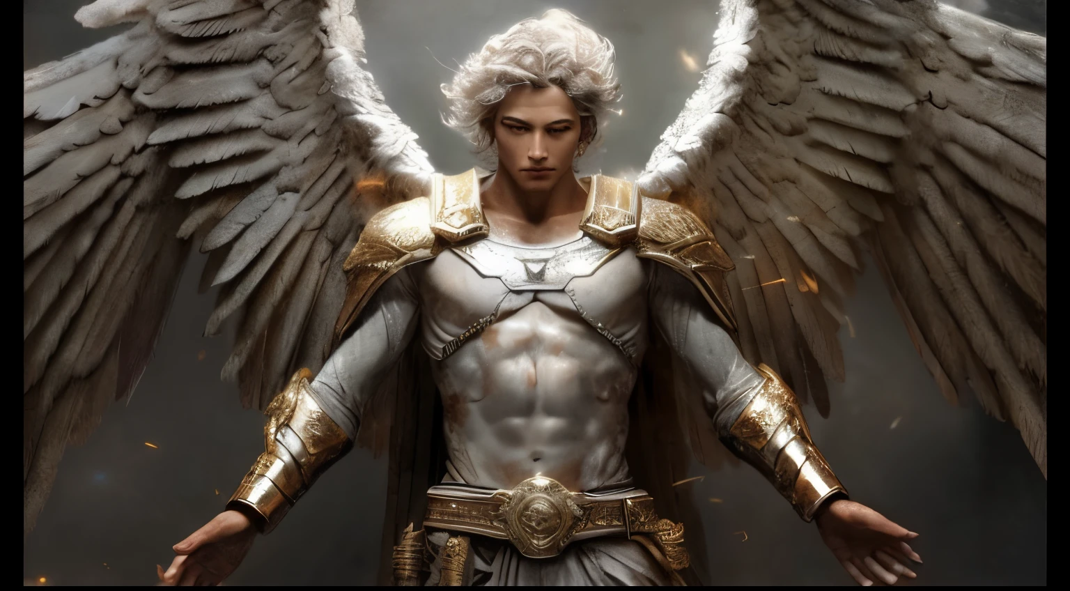 um close up de um homem com asas em um fundo escuro, arcanjo, Arcanjo Miguel, angel in plastic armor, biblical accurate angel, Anjo majestoso de corpo inteiro, epic angel wings, humano alado, saint michael the angel, Armadura Dourada Angelical, angelic, anjo protegendo o homem, Tema de anjo, macho com halo, massive angel wings