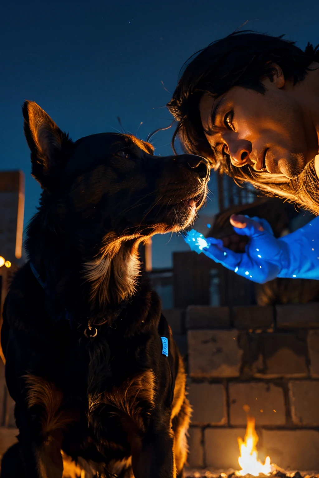 un perro con alas y tirando fuego luchando contra un leon ????? con ojos azules