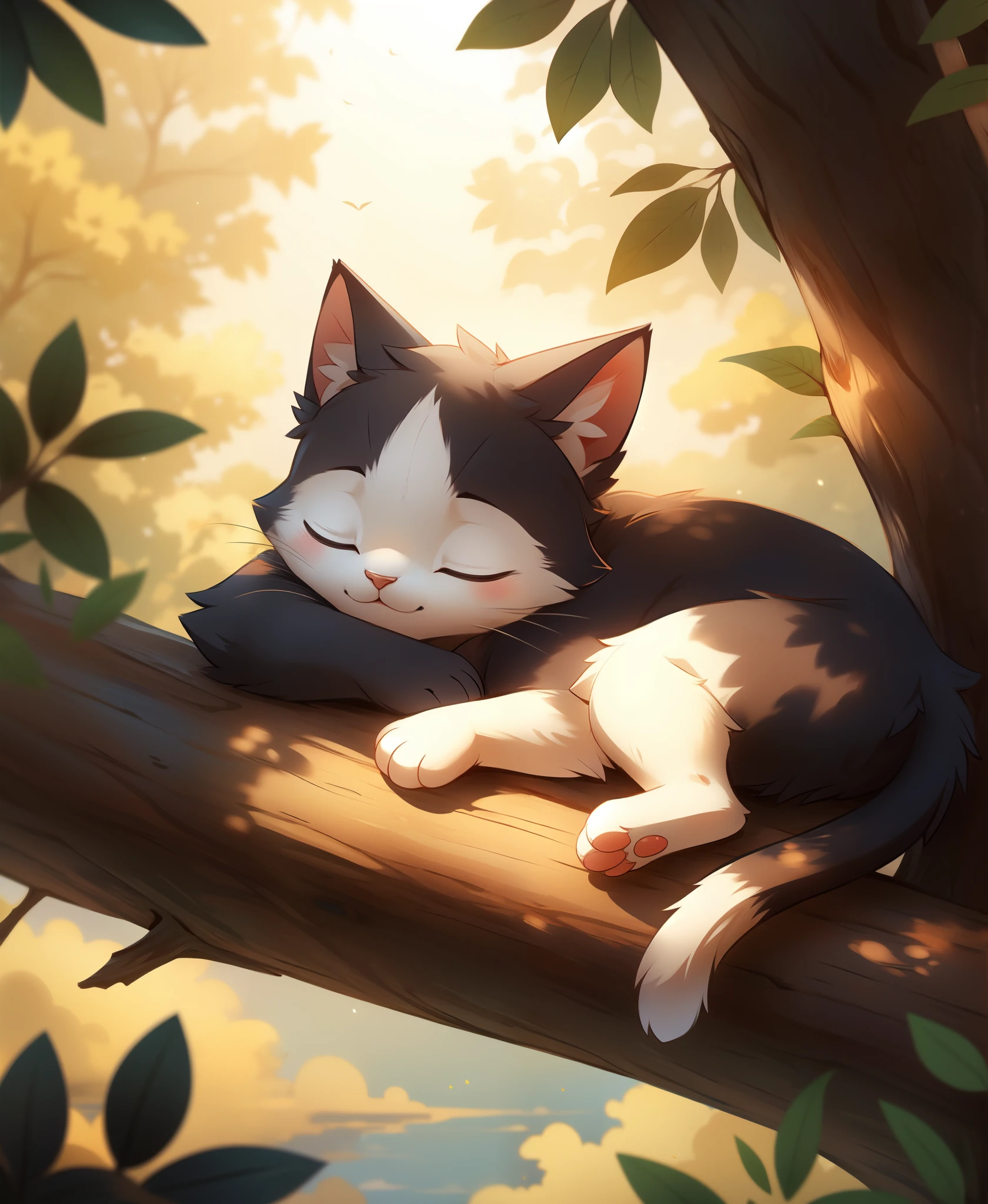 anthro cat leaning on a tree branch, sleeping, closed eyes, gorgeous eyes, whole body, (cute:0.5), goodstuffV1