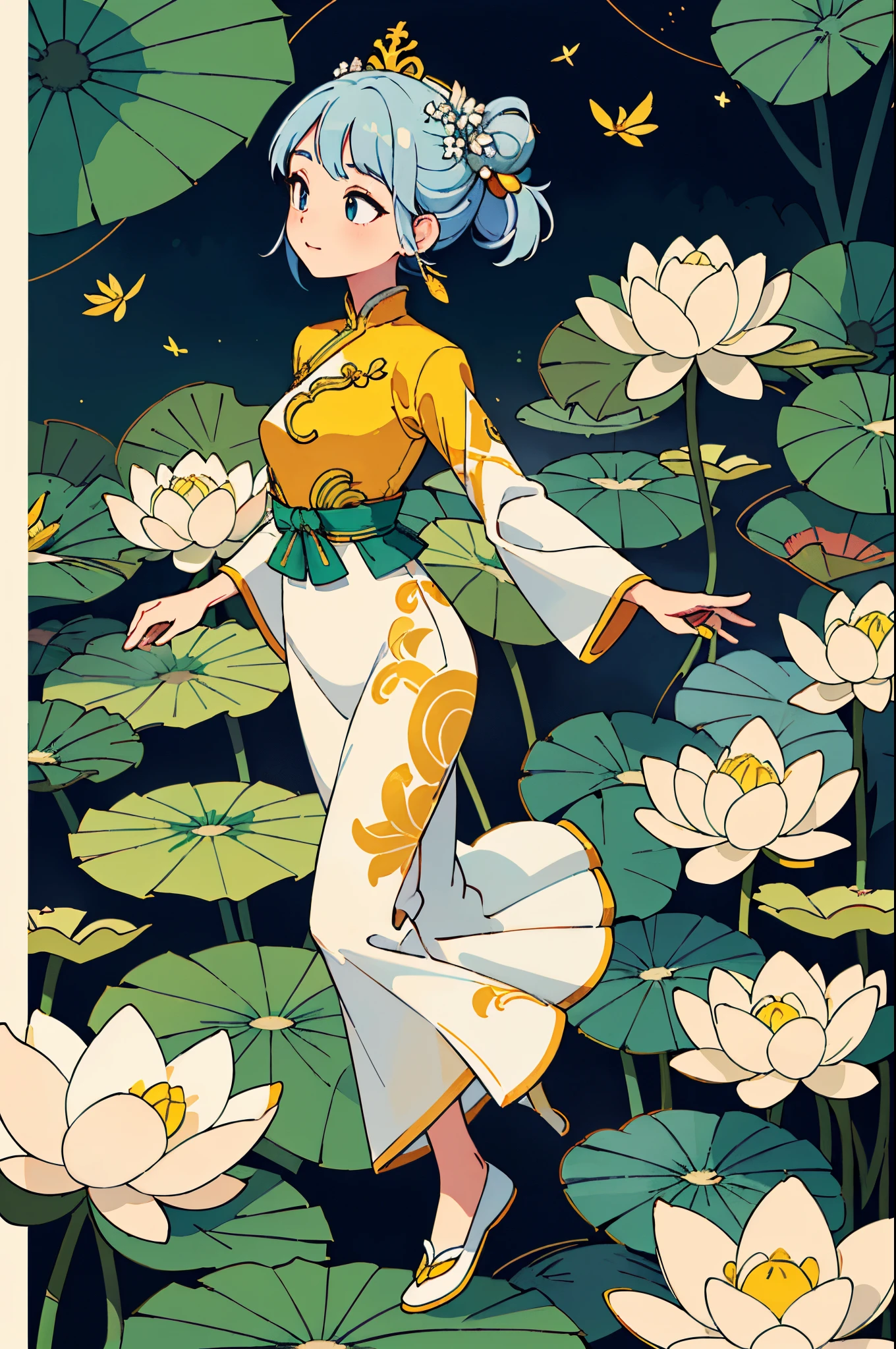 In the painting, imagine Au Co standing on a high mountain, with her feet touching the ground, creating a feeling of stability and strength. She has long, silky hair that flutters in the air as if she is immersed in the melody of nature. Au Co wears a traditional Vietnamese ao dai with delicate borders and patterns, expressing the traditional nobility and beauty of Vietnamese women. The color of the ao dai can be diverse, depending on the creativity of the artist. On Au Co's head, there is a lotus crown, symbolizing her nobility and purity. The crown can be painted in gold or silver for added splendor. Au Co looked into the distance with eyes full of insight and knowledge. Her gaze can be drawn bright and clear to honor her wisdom. Around Au Co, there are lotus petals and green plants, symbolizing the life and prosperity of the country. Lotus petals can be painted with vibrant colors, bringing fresh beauty and joy to the painting.