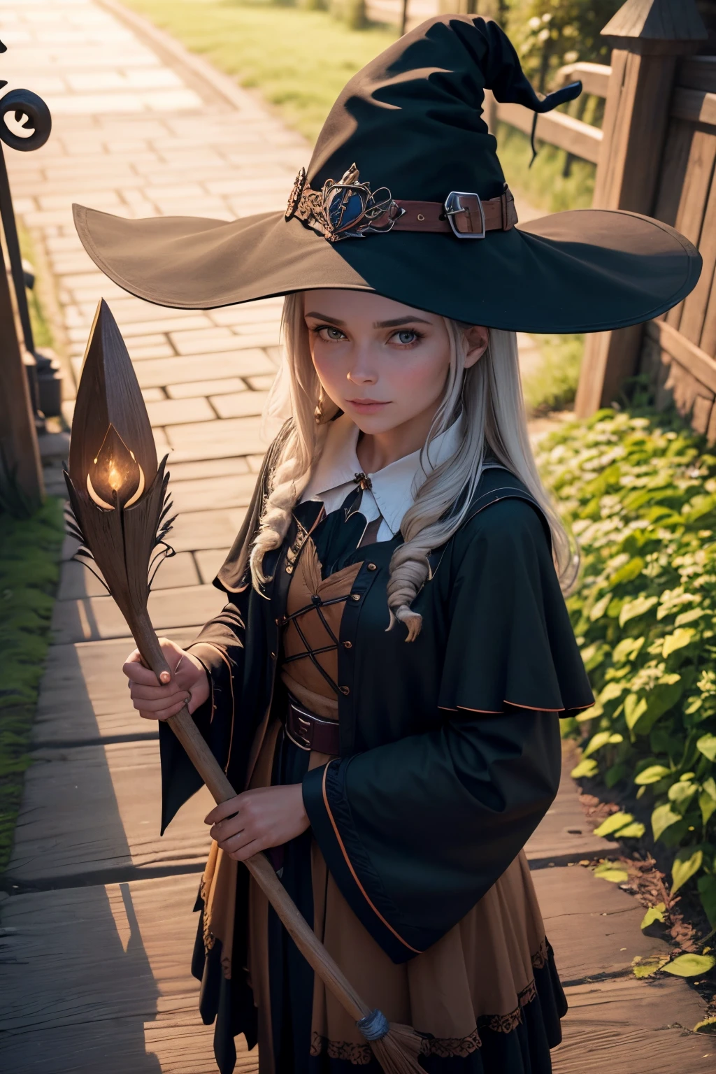 Witch on a broomstick, looks at the camera, To be a witch is to be a healer, teacher, seeker, giver, and protector of all things. If this is your path, may you walk it with honour, light and integrity, love and light all