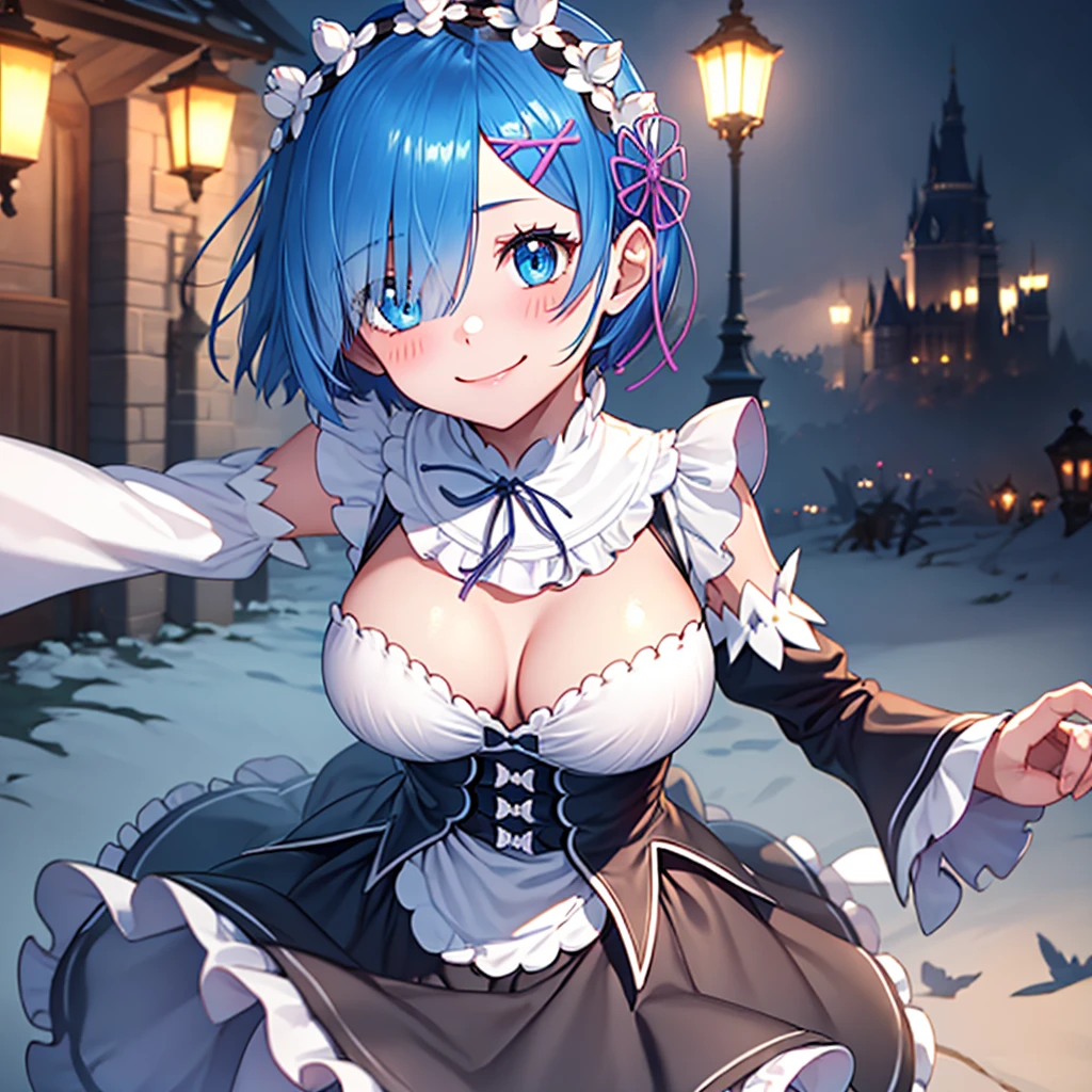 blue hair, rem \(re:zero\), [smile], blush, castle,, masterpiece, best quality, perfect lighting, 1girl, skirt, small breasts,