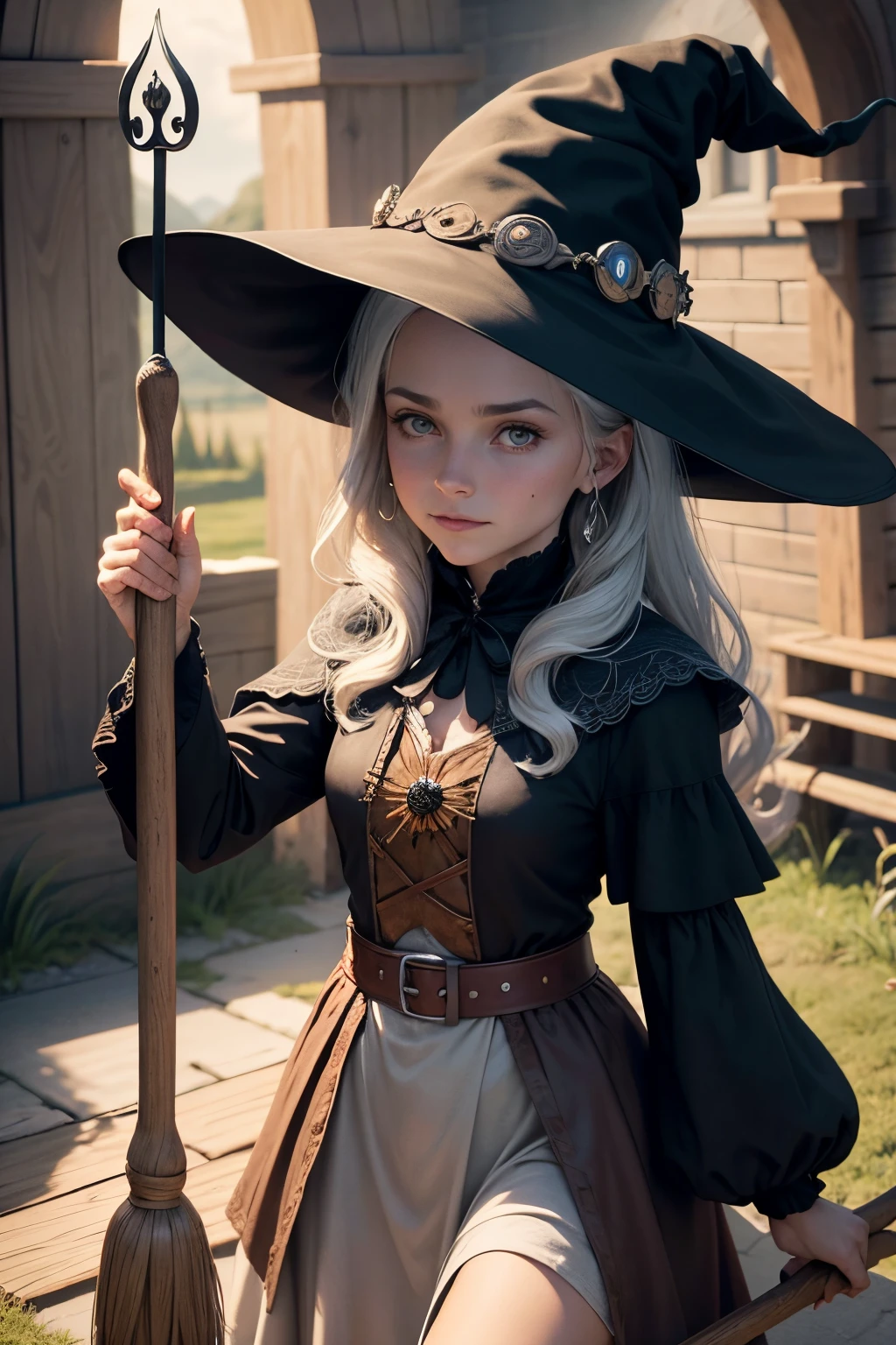 Witch on a broomstick, looks at the camera, To be a witch is to be a healer, teacher, seeker, giver, and protector of all things. If this is your path, may you walk it with honour, light and integrity, love and light all