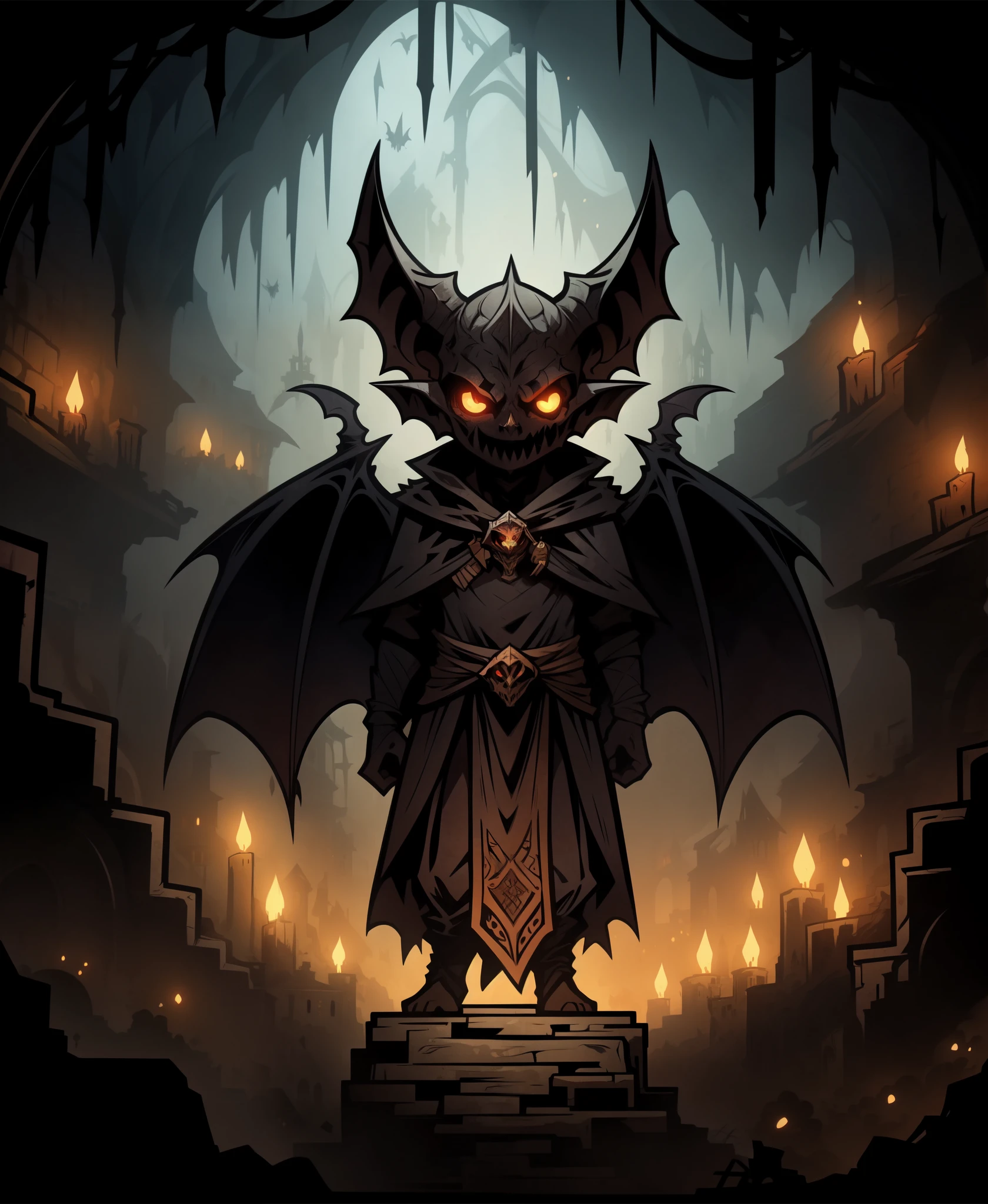 evil small adorable bat demon with golden horns, living in a cave,
2D comic illustration,
anime fantasy,
fine-inked Thick-outlines,
cel-shaded,
contour,
mysterious,
Dark,
by alphonse mucha,
Town of Salem 2,
darkest dungeon,
iratus:lord of the dead