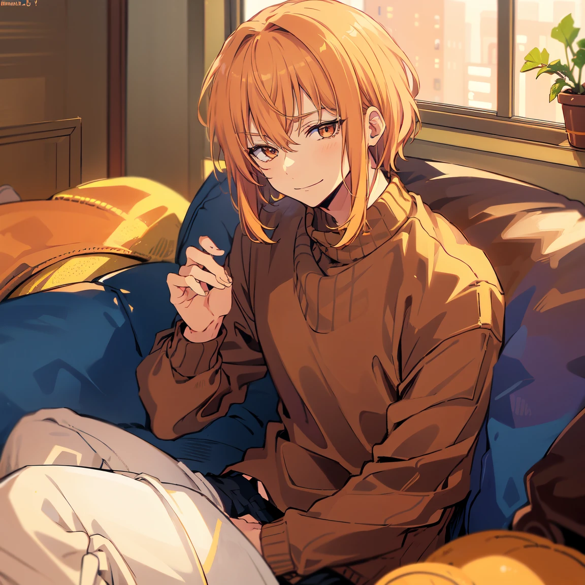 Short ginger hair,Brown eyes,Soft and cute features, Long lashes,relaxed attitude, sitting on a couch, comfortable, brown sweater, cozy vibes, handsome, anime art, ikemen, bishonen, trendy haircut, adult man, gentle smile, downward eyes