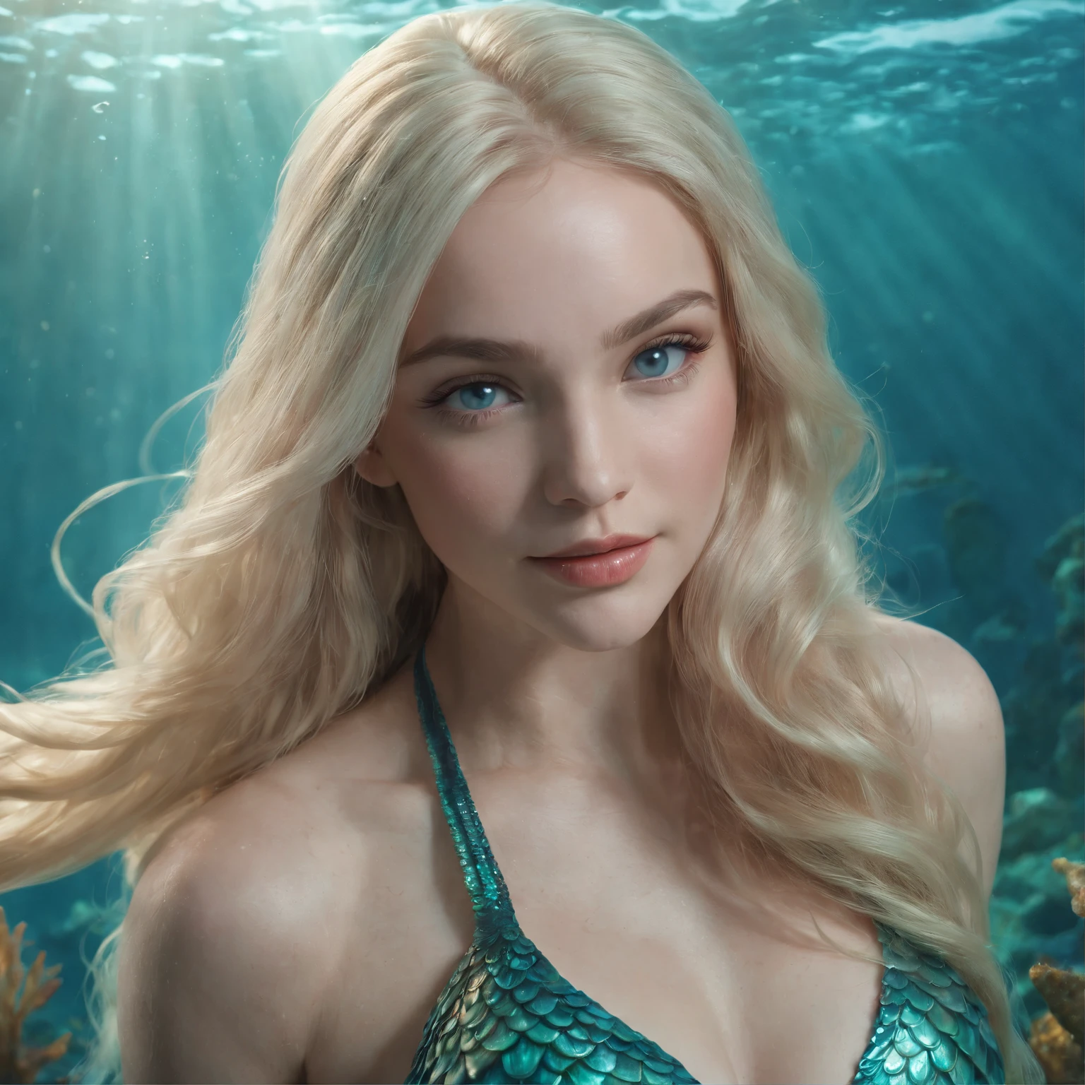 (professional 3d render:1.3) ((Mermaid swims all over)) (Realistic:1.3) most beautiful artwork photo in the world,(((Blond long hair))), ((Blue eyes)), Caucasians, ((long mermaid tail)), (((Detailed mermaid fins))), full body, topless, sport, Features: Soft and shiny, ((Epic mermaid fantasy long hair in dynamic pose, Full tail, Fantastic location, Majestic cluttered environment)), full body 8k unity render, action shot, skin pore, heavyshading, Detailed, Detailed face, (vibrant, photograph realistic, Realistic, Dramatic, Dark, Sharp focus, 8K), (fish scales:1.4), ((((Mermaid tail)))), (Intricate:1.4), decadent, (Highly detailed:1.4), Digital painting, rendering by octane, art stations, concept-art, smooth, Sharp focus, illustration, Art germ, (loish:0.23), (Global illumination, Studio light, volumetic light), Underwater, rays from the surface, Ocean, fantasy, mermaid, ((Sea backgroun:1.3)),CGSesociety,art stations, shoal of fish