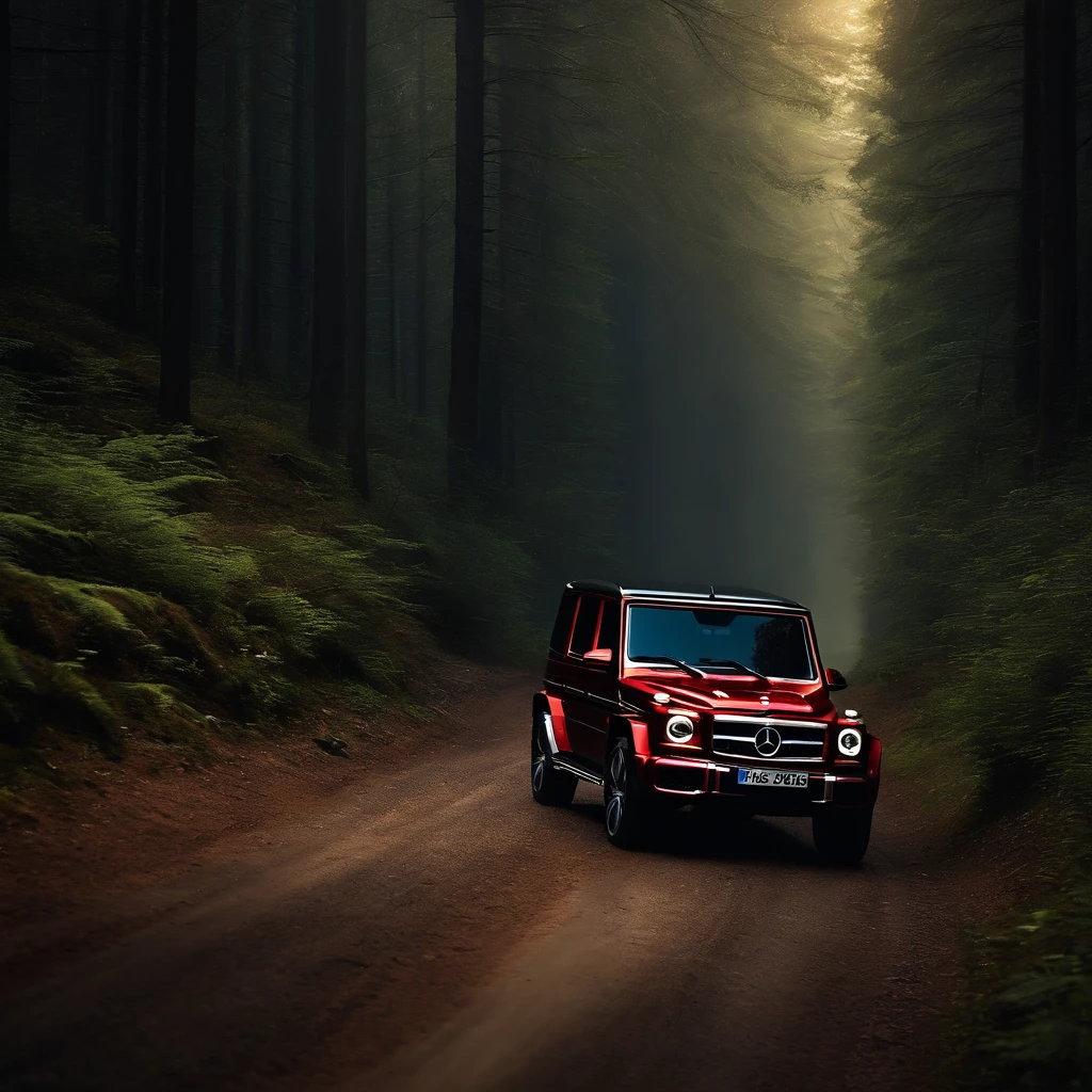 Ultra-realistic image,Forest Road,Drive a Mercedes-Benz G SUV