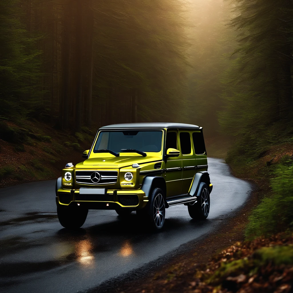 Ultra-realistic image,Forest Road,Drive a Mercedes-Benz G SUV