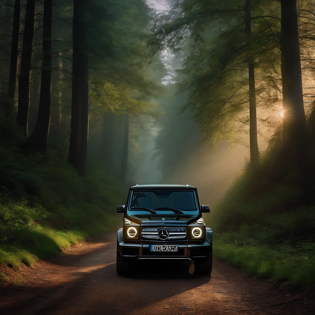 Ultra-realistic image，Forest Road，Drive a Mercedes-Benz G SUV