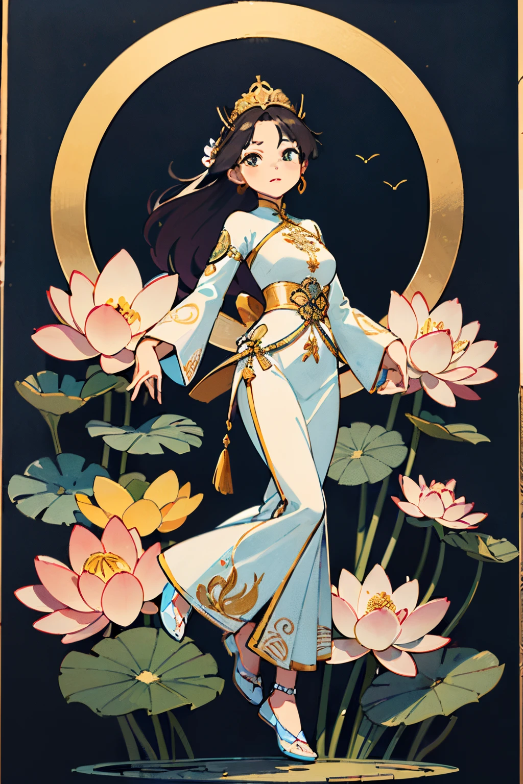 In the painting, imagine Au Co standing on a high mountain, with her feet touching the ground, creating a feeling of stability and strength. She has long, silky hair that flutters in the air as if she is immersed in the melody of nature. Au Co wears a traditional Vietnamese ao dai with delicate borders and patterns, expressing the traditional nobility and beauty of Vietnamese women. The color of the ao dai can be diverse, depending on the creativity of the artist. On Au Co's head, there is a lotus crown, symbolizing her nobility and purity. The crown can be painted in gold or silver for added splendor. Au Co looked into the distance with eyes full of insight and knowledge. Her gaze can be drawn bright and clear to honor her wisdom. Around Au Co, there are lotus petals and green plants, symbolizing the life and prosperity of the country. Lotus petals can be painted with vibrant colors, bringing fresh beauty and joy to the painting.