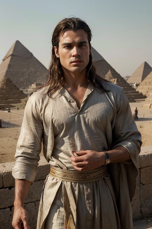 Ultra realistic and detailed image of just a very handsome man with a face similar to Henry Cavill and Brad Pitt. Wearing Egyptian linen clothes from five thousand years ago. Pose of God in the city of ancient Egypt, in the background the pyramids. Long straight dark brown hair tied up. Hair shaved on the sides. Carrying a wonderful golden cup studded with 12 jewels. Dramatic lighting. Photo taken by Annie Leibovitz, with lots of details and colors in the background.
