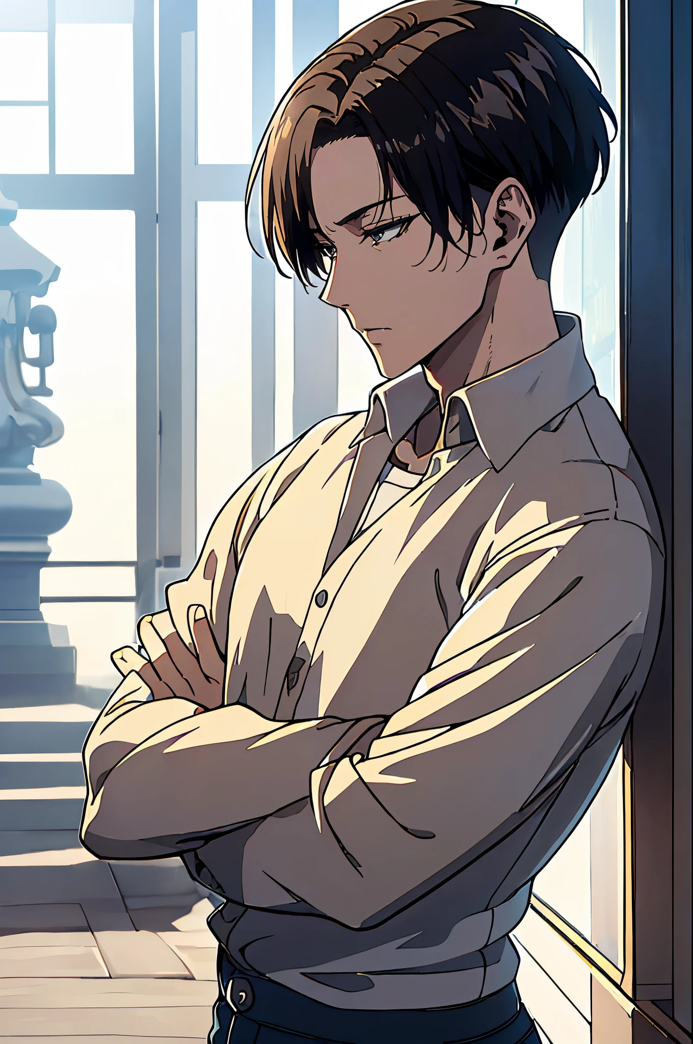 ((4K works))、​masterpiece、（top-quality)、((high-level image quality))、((One Manly Boy))、Slim body、((Attractive and sexy jeans fashion))、((Men's Fashion))、(Detailed beautiful eyes)、town in the morning、Levi Ackerman、((short hair above the ears))、((Smaller face))、((Neutral face))、((Korean boy))、((28 year old))、((Handsome man))、((sings))、((Korean Makeup))、((elongated and sharp eyes))、((Black eyes))、((Like a celebrity))、Everyday photography、((Shot alone))、((Shot diagonally from the side))、((Upper body photography))、((Artist Photos))