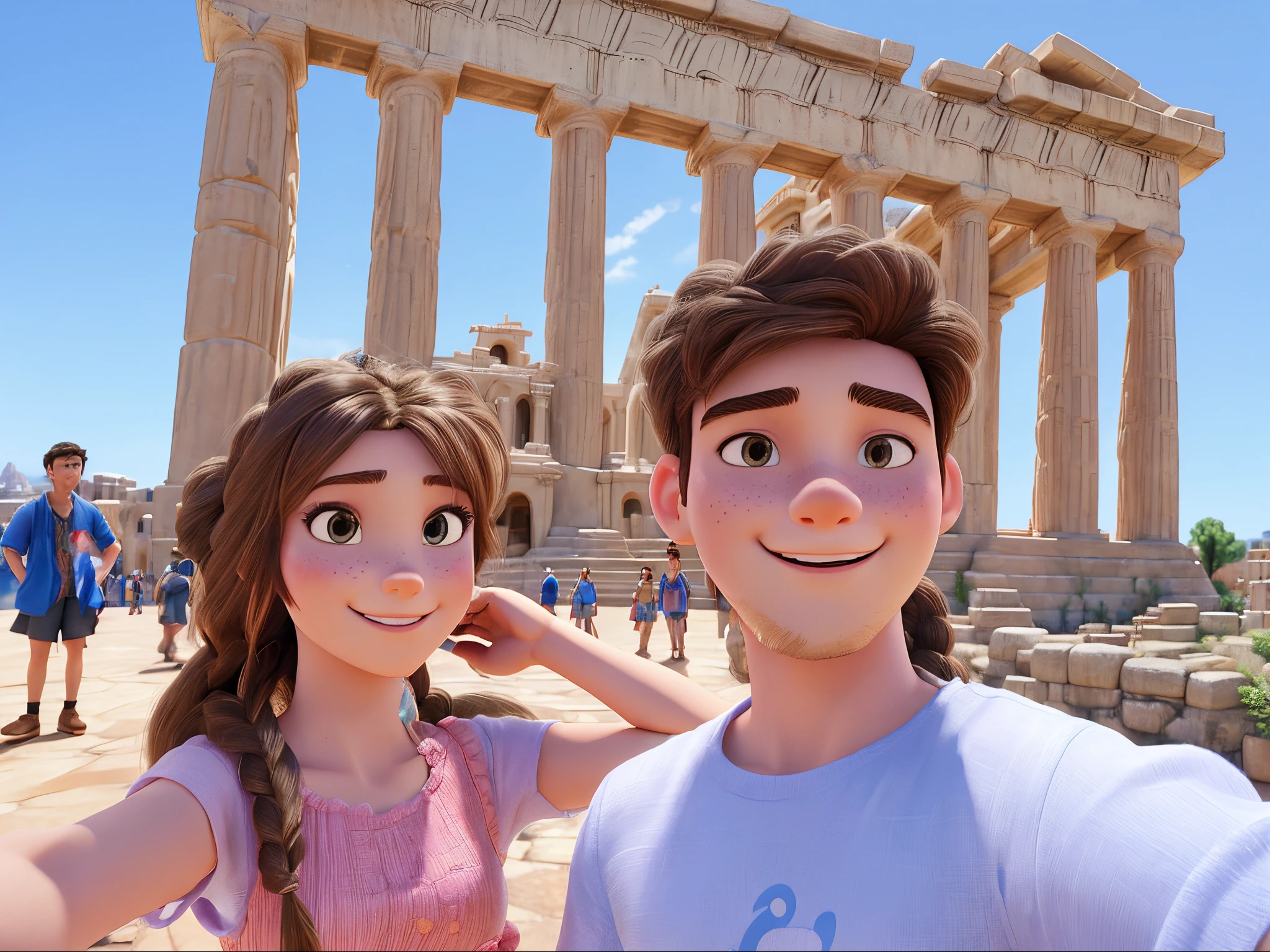 Disney Pixar 3D cartoon, a young lady and young man smile and take a selfie in front of Acropolis, natural skin texture, 4k textures, highly detailed, sharp focus, the lady has two small braids on the top of the hair but the most fair are down