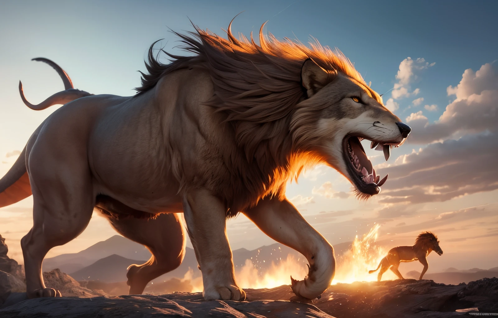 a large beast with the appearance of a wolf with dragon horns and orange scales on the body of a lion in anime art