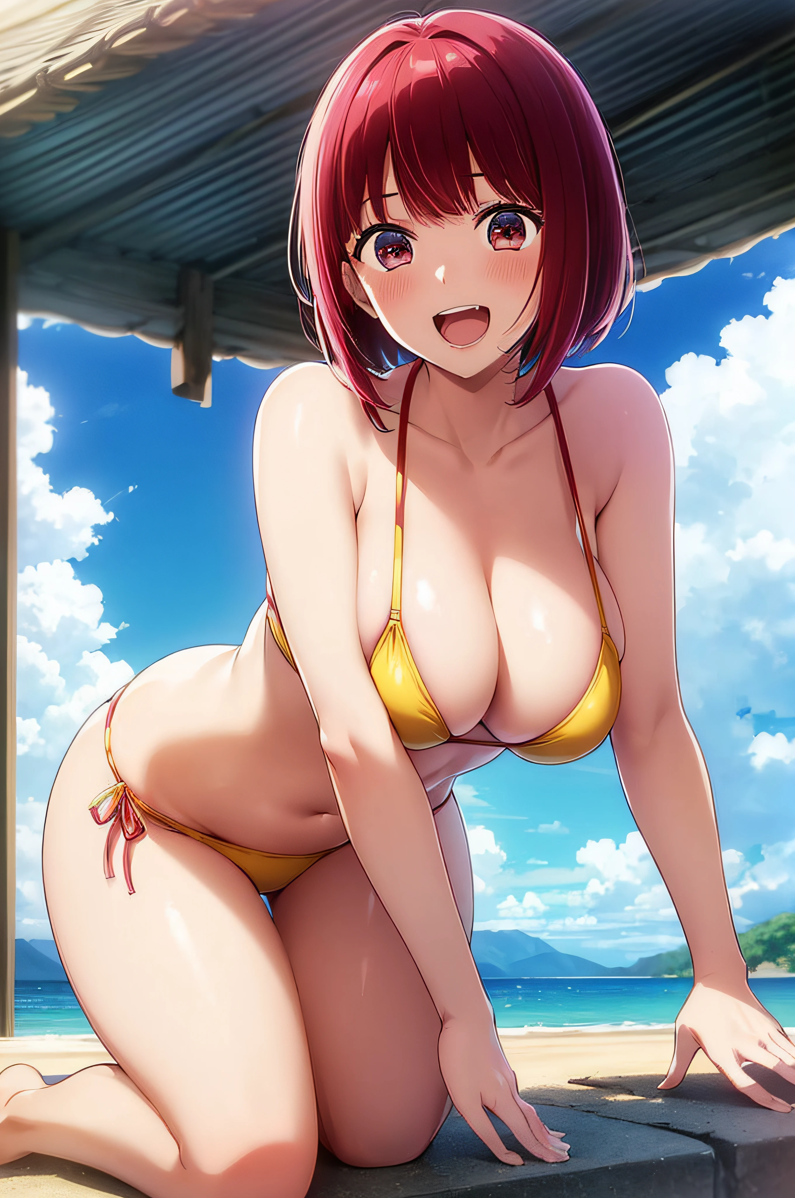 ((of the highest quality, 8K, masutepiece: 1.3)), Arima Kana, Red hair, Short hair,, 20 years old, (Curve:1.3), (Plump), Solo, Looking at Viewer, Cowboy Shot, (From below:1.3), (Large breasts:1.5), (bright yellow micro bikini), Tight bikini, Separate Bikini, Tiny Bikini, Voluptuous body, (A very exciting smile:1.2), (Open mouth:1.2), (with blush cheeks:1.2), (Leaning forward:1.5, (Put your hands on your knees:1.2), Condition where the front of the body is exposed to sunlight, In the Tropical Pool, vibrant background,