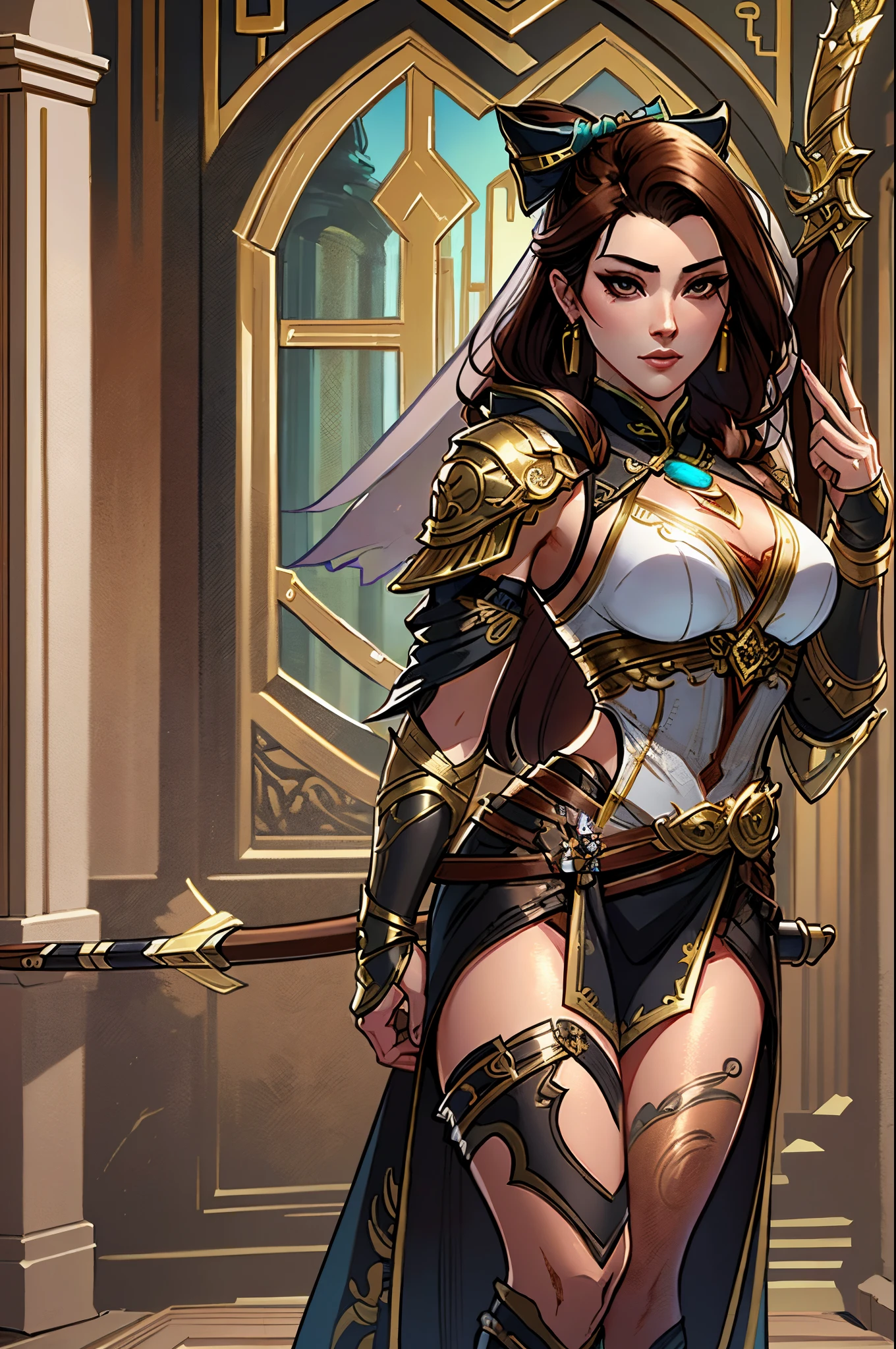 a close up of an arabian woman in her 30's, with brown eyes and brown hair, wearing a black and tan arabian clothes, a heroine with brown eyes, holding a bow and arrow, female archer with bow and arrow, standing in an arabian temple, new costume concept design, in the style of blade and soul, full body character concept, detailed character design, inspired by Yang Jin, inspired by Li Mei-Shu, chinese costume, inspired by Lan Ying, inspired by Sim Sa-Jeong, inspired by Li Tang, lunar themed attire, costume with gold accents, inspired by Ju Lian, colored concept art, highly detailed character design, highly detailed face, inspired by Ai Xuan, very highly detailed face, unreal engine render, final fantasy 14 style, inspired by Leng Mei