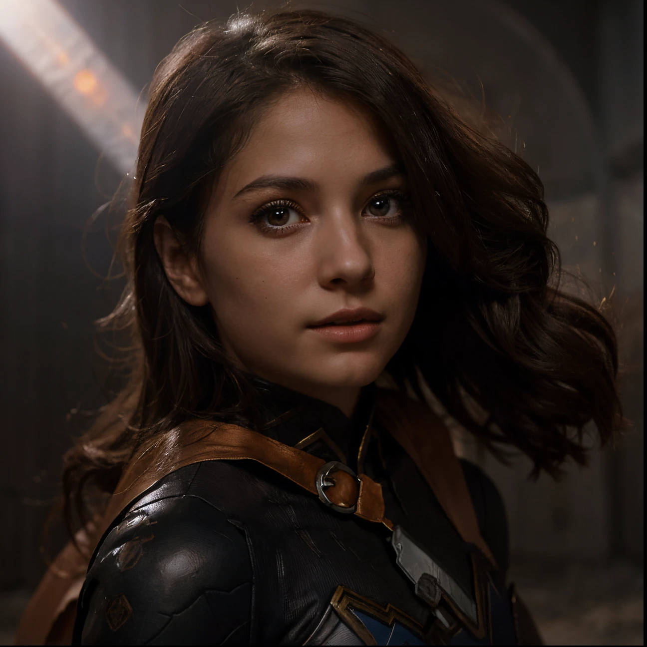 Girl in a black Supergirl costume, without the symbol on the chest. The girl is in an ancient war arena, and can conjure black hole portals. Her eyes glow orange