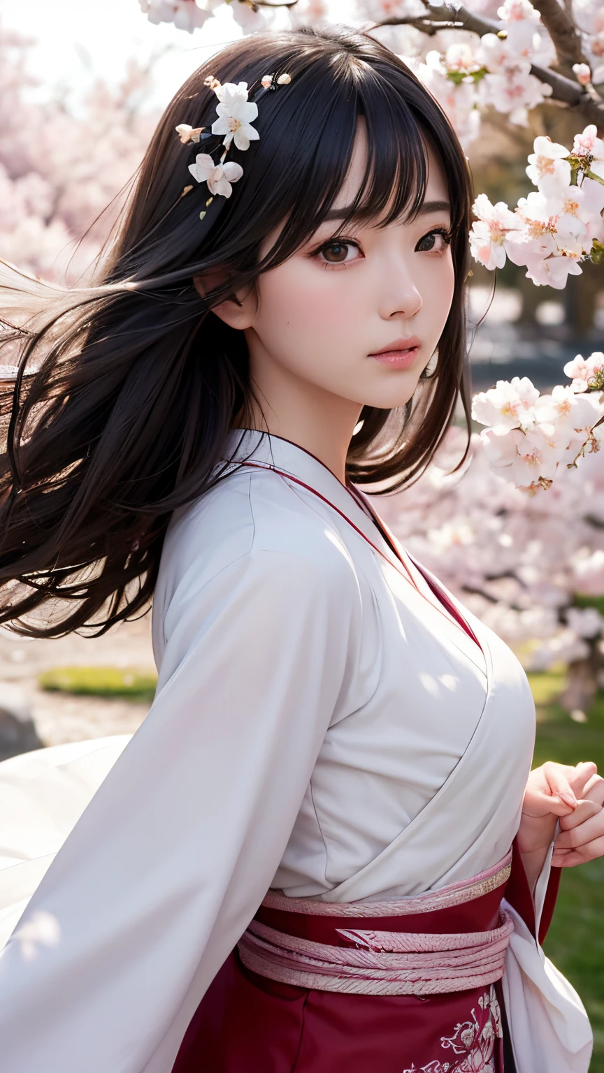 (A logo、​masterpiece、8K、masutepiece、Raw photo、Fantastic、Best Quality、Photorealistic、extremely detailed CG unified 8k wallpaper、hightquality、ighly detailed、epic poem、Particle effect、Dynamic effects、depth of fields、Cinematic Light、Lens Flare、Ray tracing)、Fantasia、 (Beauty 1 person、White Japanese Clothing、Japanese dress、White cherry blossom pattern、White cherry blossom embroidery pattern、A dark-haired、Beautiful face、Real Face、Beautiful detail eyes、Beautiful skin)、Hair flutters in the wind、Hair jumps、Pink cherry blossom tree、Petals flutter、Sakura blizzard、Superb view、morning glow、Sun in the background、the wind、Deities、tusk、myth、Vast Land、