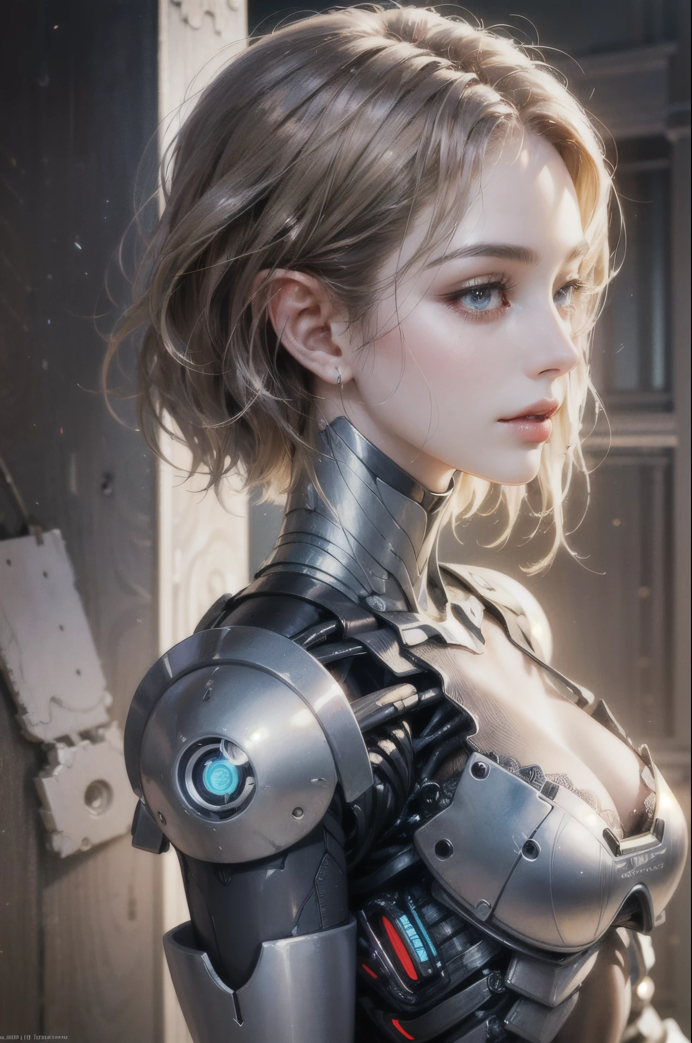 (skin dents:1.5), realistic, realistic, (masterpiece:1.5), concept art, intricate details, very detailed, realistic, octane rendering, 8k, unreal engine, dynamic pose, highest quality, High resolution, (realistic face:1.1), (hyper realism:1.1), ((full_body)), perfect eyes, (shiny skin: 1.2), (((hairstyle))), (((perfect hands)) ), (very detailed背景), ((dynamic background) ), ((sun)), (light), ((1 girl)), good looking, robot (((Shiny mechanical shape))), ((fine eyes, high quality eyes, high quality face)), (very complicated dress), short blonde hair, sun, sunlight, ((dramatic)), wonderful, written boundary depth, Bokeh, 4k, gothic, Ash, particle