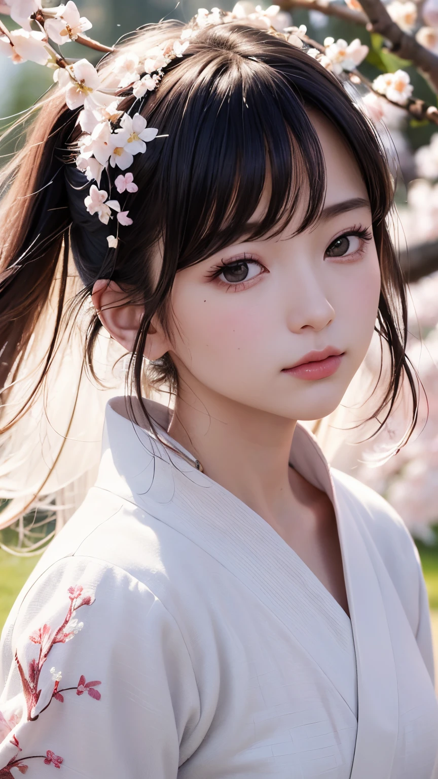 (A logo、​masterpiece、8K、masutepiece、Raw photo、Fantastic、Best Quality、Photorealistic、extremely detailed CG unified 8k wallpaper、hightquality、ighly detailed、epic poem、Particle effect、Dynamic effects、depth of fields、Cinematic Light、Lens Flare、Ray tracing)、Fantasia、 (Beauty 1 person、White Japanese Clothing、Japanese dress、White cherry blossom pattern、White cherry blossom embroidery pattern、A dark-haired、Beautiful face、Real Face、Beautiful detail eyes、Beautiful skin)、Hair flutters in the wind、Hair jumps、Pink cherry blossom tree、Petals flutter、Sakura blizzard、Superb view、morning glow、Sun in the background、the wind、Deities、tusk、myth、Vast Land、