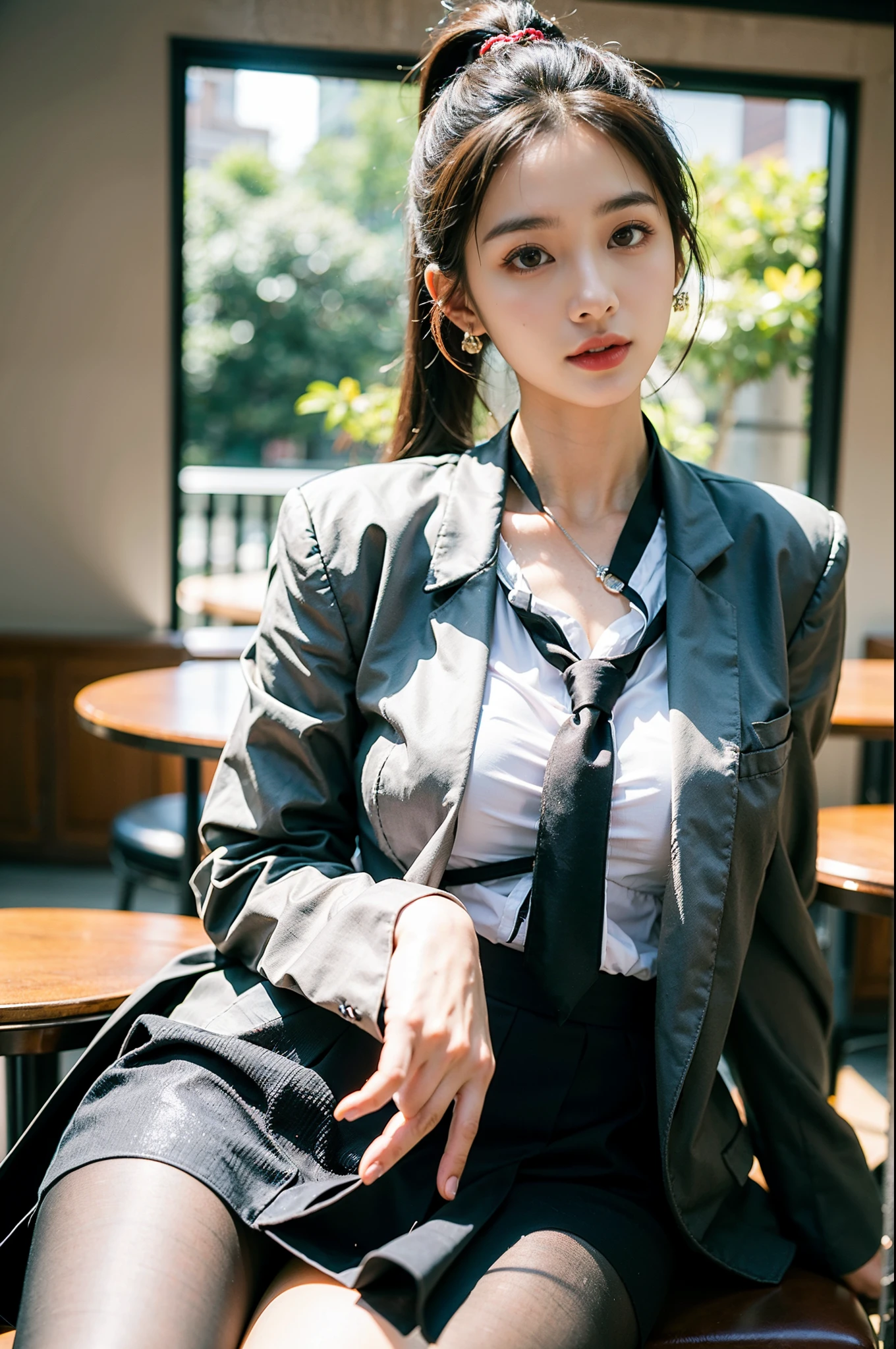delicate, masterpiece, beautiful detailed, colourful, finely detailed, detailed lips, intricate details, large breasts, 1 woman,(a beautiful 20 age years old cute korean woman:1.1),(kpop idol, korean mixed),(50mm Sigma f/1.4 ZEISS lens, F1.4, 1/800s, ISO 100, photograpy:1.1), (ponytail+black hair:1.2),(photorealistic:1.4), (spy :1.2), (open jacket,shirt, skirt, necktie, black pantyhose, christian louboutin \(brand\), :1.3),earrings,necklace,armlet,(tavern, bar:1.2), (beautiful legs, tall female, skinny, slim_legs, thigh_gap, model:1.2), lens flare, from front, (happy smile:1.1), dynamic pose, (makeup:1.2), sitting on bar stool,