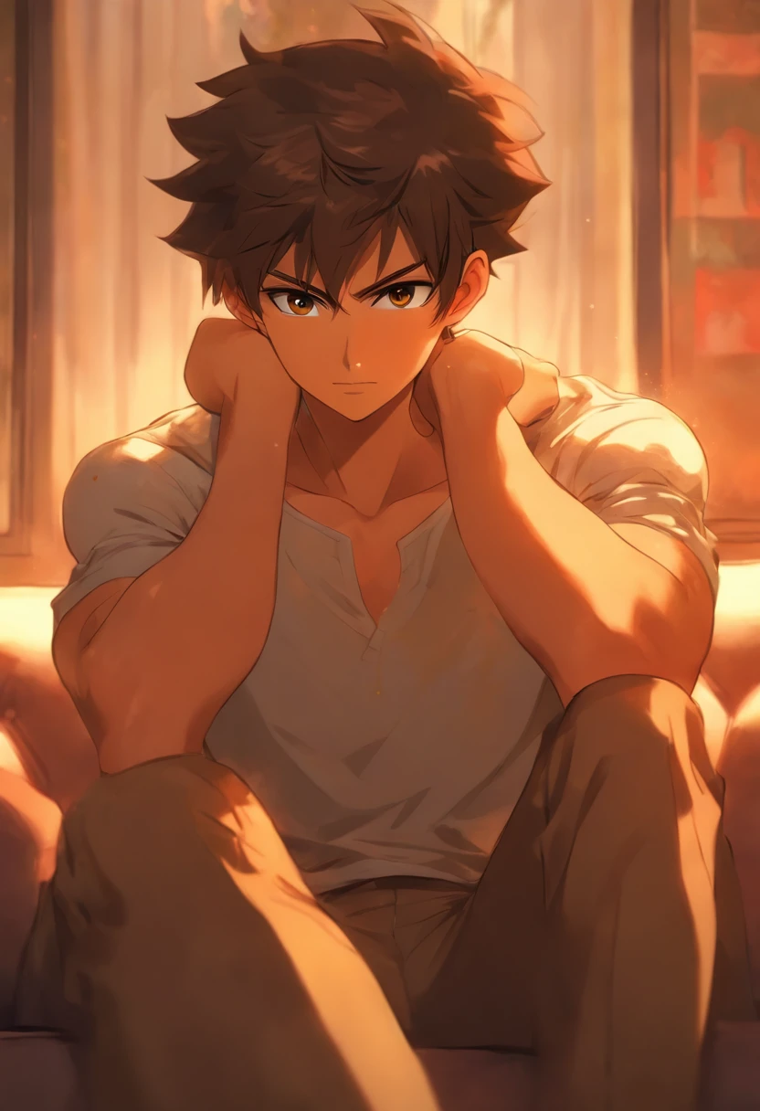 1man, brown hair, brown eyes, facing camera, tall, athletic, straight hair, short hair, relaxed, confident, seductive, tan skin, freckles, sitting om couch