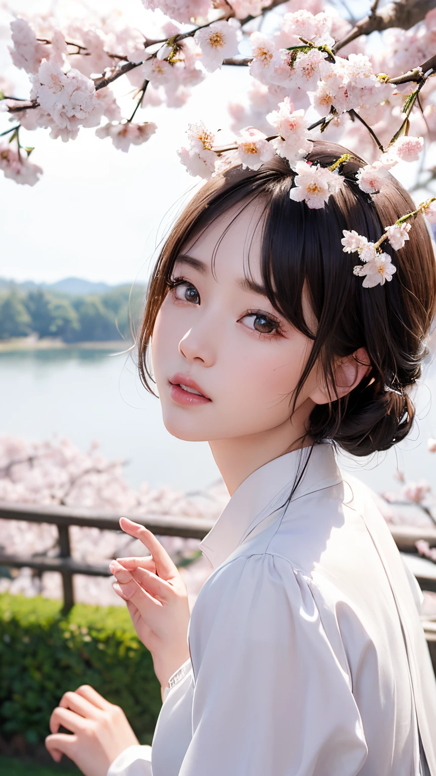 (A logo、masterpiece、8K、masutepiece、Raw photo、Fantastic、Best Quality、Photorealistic、extremely detailed CG unified 8k wallpaper、hightquality、ighly detailed、epic poem、Particle effect、Dynamic effects、depth of fields、Cinematic Light、Lens Flare、Ray tracing)、Fantasia、 (Beauty 1 person、White Japanese Clothing、Japanese dress、White cherry blossom pattern、White cherry blossom embroidery pattern、A dark-haired、Beautiful face、Real Face、Beautiful detail eyes、Beautiful skin)、Hair flutters in the wind、Hair jumps、Pink cherry blossom tree、Petals flutter、Sakura blizzard、Superb view、morning glow、Sun in the background、the wind、Deities、tusk、myth、Vast Land、