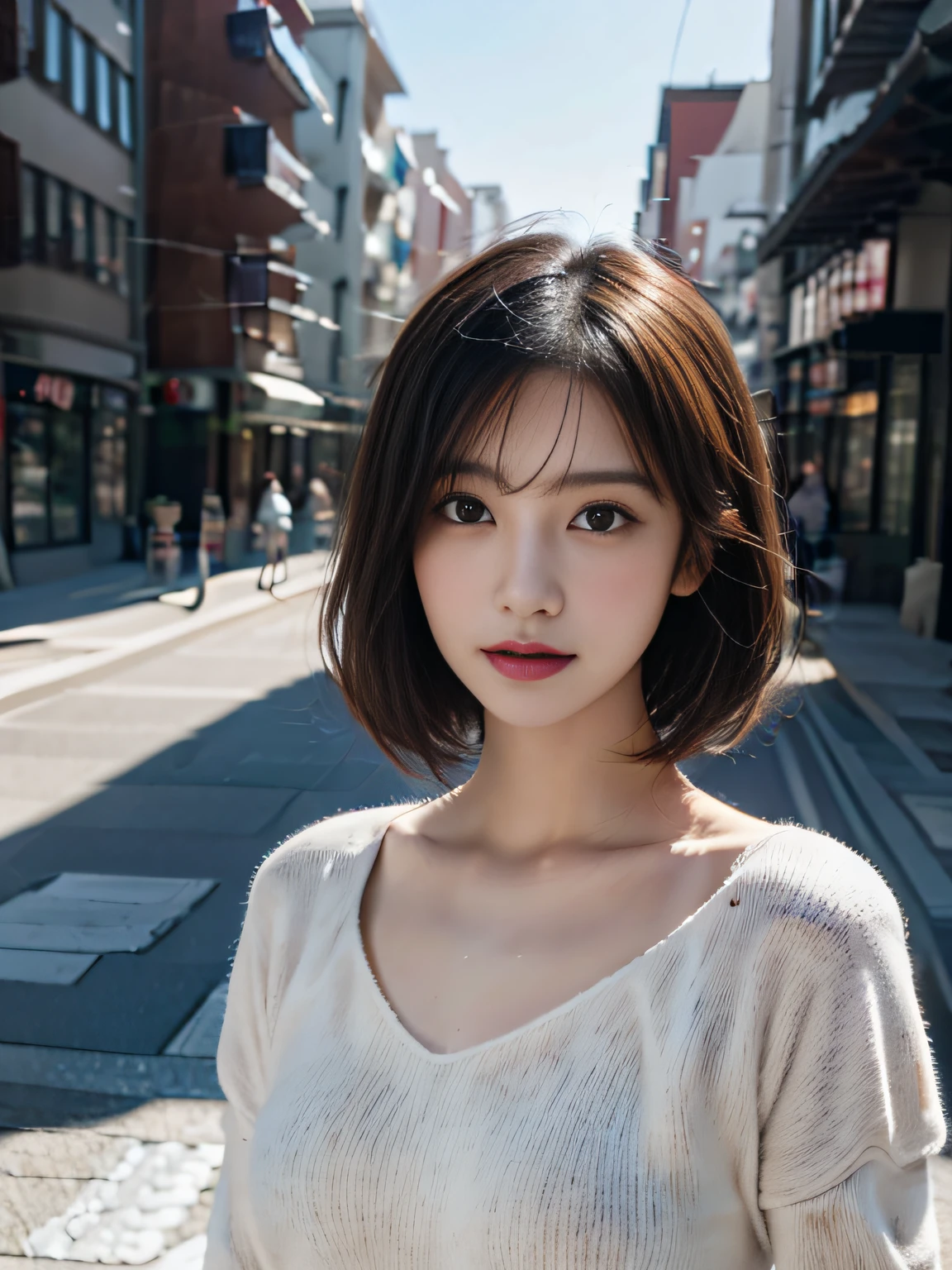 The 8k quality、Top image quality、超A high resolution、masterpiece、Photorealsitic、1 girl in、tense look、Trendy makeup、bob cuts、Trendy Fitted Dresses、ciinematic light、The protagonist、the chaos、Super Slender、D-cups、Do not wear underwear、in a crowd of people、Number of people who are about to be crushed、Dynamism、Magic Hour、Beginning of the story、Magazine covers、Focus only on the main character、The best looks in the world