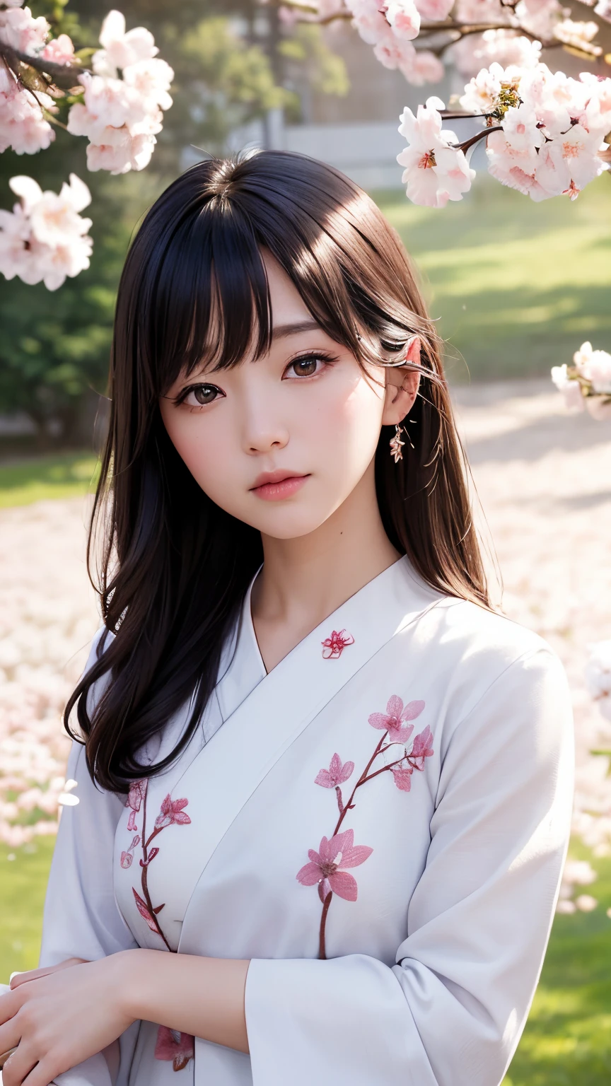 (A logo、​masterpiece、8K、masutepiece、Raw photo、Fantastic、Best Quality、Photorealistic、extremely detailed CG unified 8k wallpaper、hightquality、ighly detailed、epic poem、Particle effect、Dynamic effects、depth of fields、Cinematic Light、Lens Flare、Ray tracing)、Fantasia、 (Beauty 1 person、White Japanese Clothing、Japanese dress、White cherry blossom pattern、White cherry blossom embroidery pattern、A dark-haired、Beautiful face、Real Face、Beautiful detail eyes、Beautiful skin)、Hair flutters in the wind、Hair jumps、Pink cherry blossom tree、Petals flutter、Sakura blizzard、Superb view、morning glow、Sun in the background、the wind、Deities、tusk、myth、Vast Land、