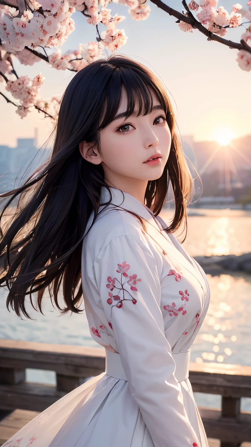 (A logo、​masterpiece、8K、masutepiece、Raw photo、Fantastic、Best Quality、Photorealistic、extremely detailed CG unified 8k wallpaper、hightquality、ighly detailed、epic poem、Particle effect、Dynamic effects、depth of fields、Cinematic Light、Lens Flare、Ray tracing)、Fantasia、 (Beauty 1 person、White Japanese Clothing、Japanese dress、White cherry blossom pattern、White cherry blossom embroidery pattern、A dark-haired、Beautiful face、Real Face、Beautiful detail eyes、Beautiful skin)、Hair flutters in the wind、Hair jumps、Pink cherry blossom tree、Petals flutter、Sakura blizzard、Superb view、morning glow、Sun in the background、the wind、Deities、tusk、myth、Vast Land、