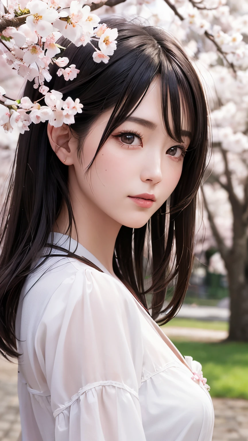 (A logo、masterpiece、8K、masutepiece、Raw photo、Fantastic、Best Quality、Photorealistic、extremely detailed CG unified 8k wallpaper、hightquality、ighly detailed、epic poem、Particle effect、Dynamic effects、depth of fields、Cinematic Light、Lens Flare、Ray tracing)、Fantasia、 (Beauty 1 person、White Japanese Clothing、Japanese dress、White cherry blossom pattern、White cherry blossom embroidery pattern、A dark-haired、Beautiful face、Real Face、Beautiful detail eyes、Beautiful skin)、Hair flutters in the wind、Hair jumps、Pink cherry blossom tree、Petals flutter、Sakura blizzard、Superb view、morning glow、Sun in the background、the wind、Deities、tusk、myth、Vast Land、