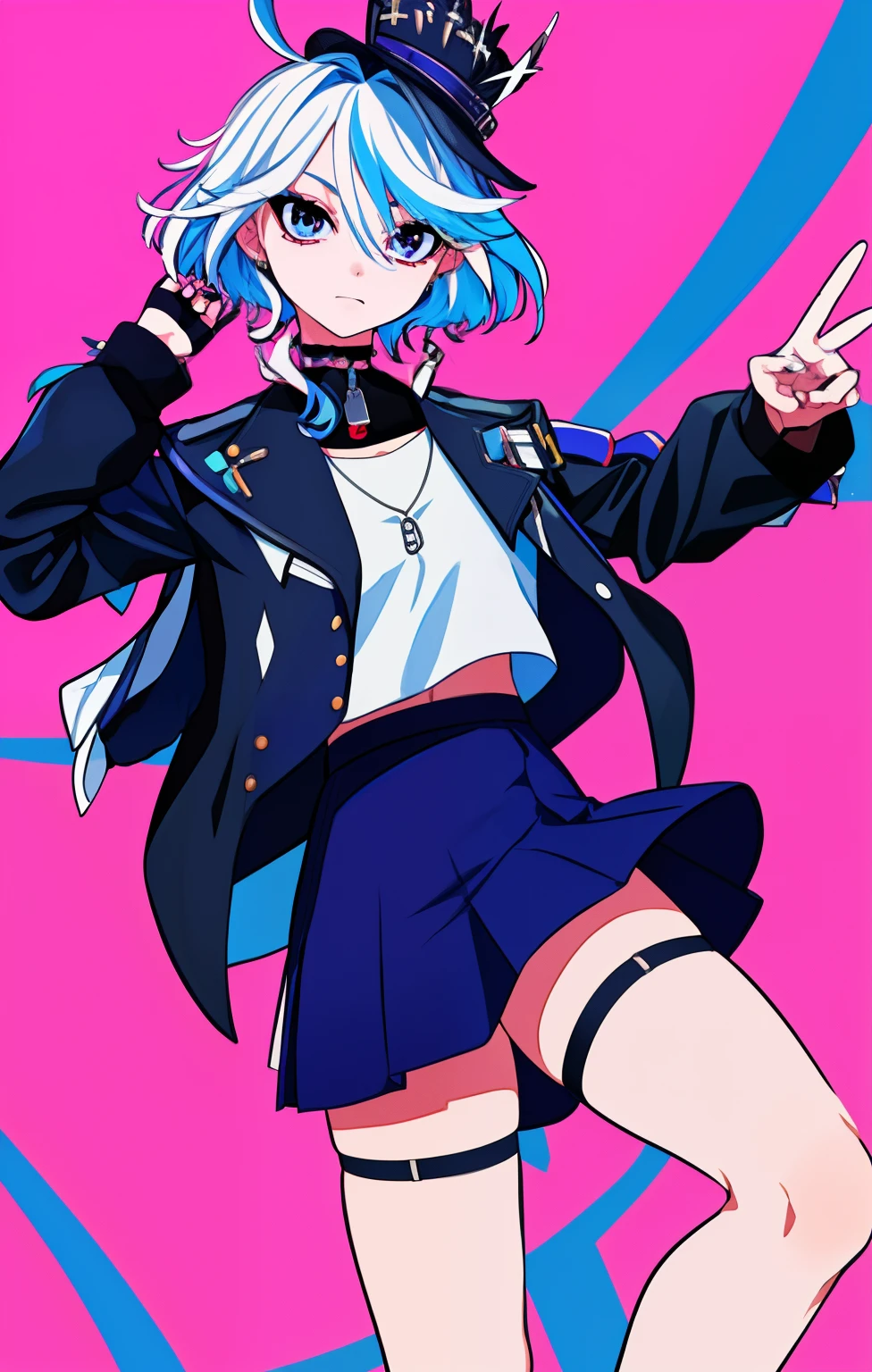 1girll， 独奏， a skirt， jaket， black black jacket， Pinkish background， blue  hair， simplebackground， choker necklace， leathers， long whitr hair， 耳Nipple Ring， jaqueta de couro， thigh band， O cabelo multicolorido， jewely， hand on hips， The shirt， Open jacket， midriff， cow boy shot， colored inner hair， By bangs， white  shirt， a black choker， mini-skirts， Purple skirt， Open your clothes， Purple eye， longer sleeves， nedium breasts， two tone color hair， looking at viewert， standing on your feet，closing the mouth，Pink hair，Hands up，crop tops，looking off to the side