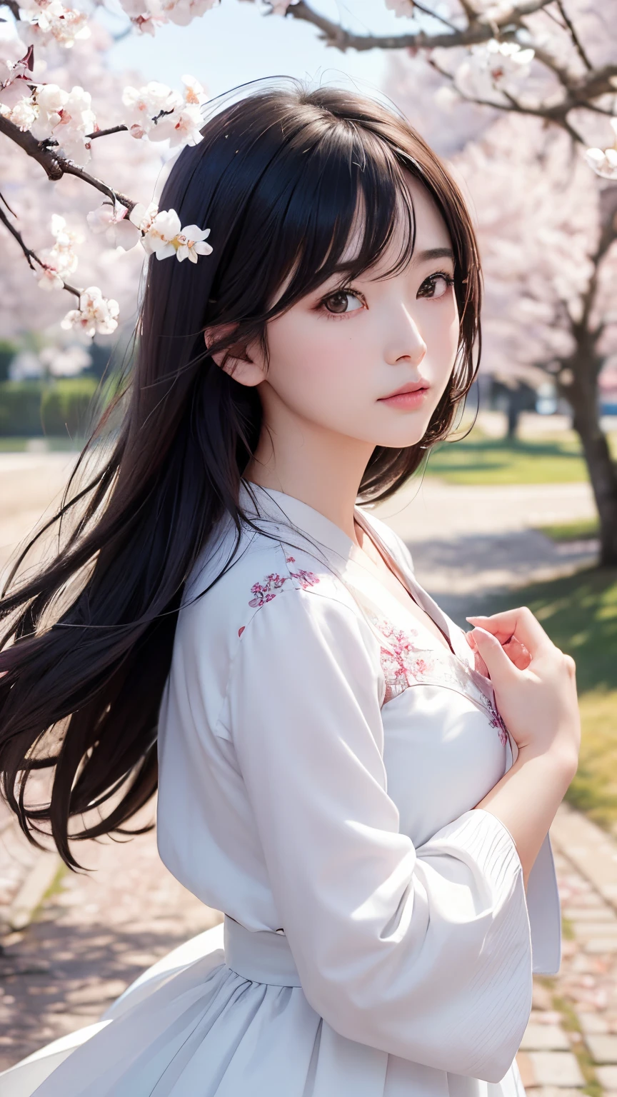 (A logo、​masterpiece、8K、masutepiece、Raw photo、Fantastic、Best Quality、Photorealistic、extremely detailed CG unified 8k wallpaper、hightquality、ighly detailed、epic poem、Particle effect、Dynamic effects、depth of fields、Cinematic Light、Lens Flare、Ray tracing)、Fantasia、 (Beauty 1 person、White Japanese Clothing、Japanese dress、White cherry blossom pattern、White cherry blossom embroidery pattern、A dark-haired、Beautiful face、Real Face、Beautiful detail eyes、Beautiful skin)、Hair flutters in the wind、Hair jumps、Pink cherry blossom tree、Petals flutter、Sakura blizzard、Superb view、morning glow、Sun in the background、the wind、Deities、tusk、myth、Vast Land、