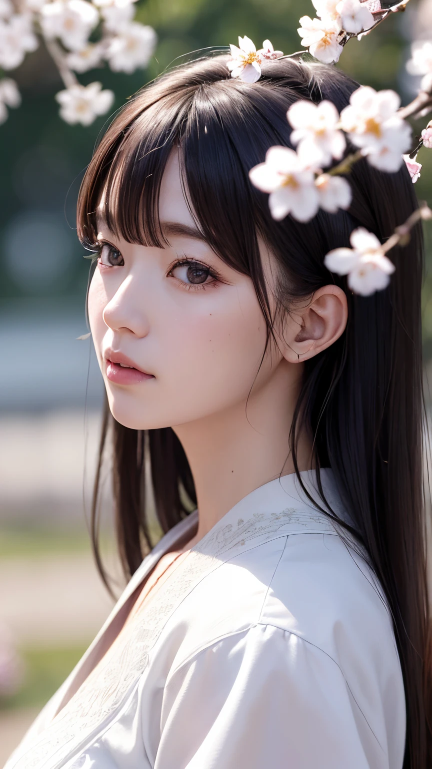 (A logo、masterpiece、8K、masutepiece、Raw photo、Fantastic、Best Quality、Photorealistic、extremely detailed CG unified 8k wallpaper、hightquality、ighly detailed、epic poem、Particle effect、Dynamic effects、depth of fields、Cinematic Light、Lens Flare、Ray tracing)、Fantasia、 (Beauty 1 person、White Japanese Clothing、Japanese dress、White cherry blossom pattern、White cherry blossom embroidery pattern、A dark-haired、Beautiful face、Real Face、Beautiful detail eyes、Beautiful skin)、Hair flutters in the wind、Hair jumps、Pink cherry blossom tree、Petals flutter、Sakura blizzard、Superb view、morning glow、Sun in the background、the wind、Deities、tusk、myth、Vast Land、