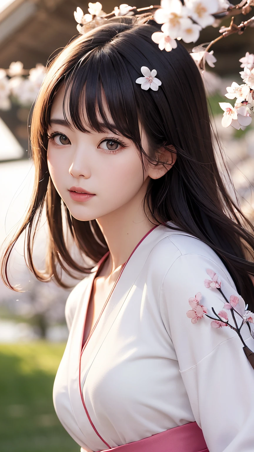 (A logo、​masterpiece、8K、masutepiece、Raw photo、Fantastic、Best Quality、Photorealistic、extremely detailed CG unified 8k wallpaper、hightquality、ighly detailed、epic poem、Particle effect、Dynamic effects、depth of fields、Cinematic Light、Lens Flare、Ray tracing)、Fantasia、 (Beauty 1 person、White Japanese Clothing、Japanese dress、White cherry blossom pattern、White cherry blossom embroidery pattern、A dark-haired、Beautiful face、Real Face、Beautiful detail eyes、Beautiful skin)、Hair flutters in the wind、Hair jumps、Pink cherry blossom tree、Petals flutter、Sakura blizzard、Superb view、morning glow、Sun in the background、the wind、Deities、tusk、myth、Vast Land、