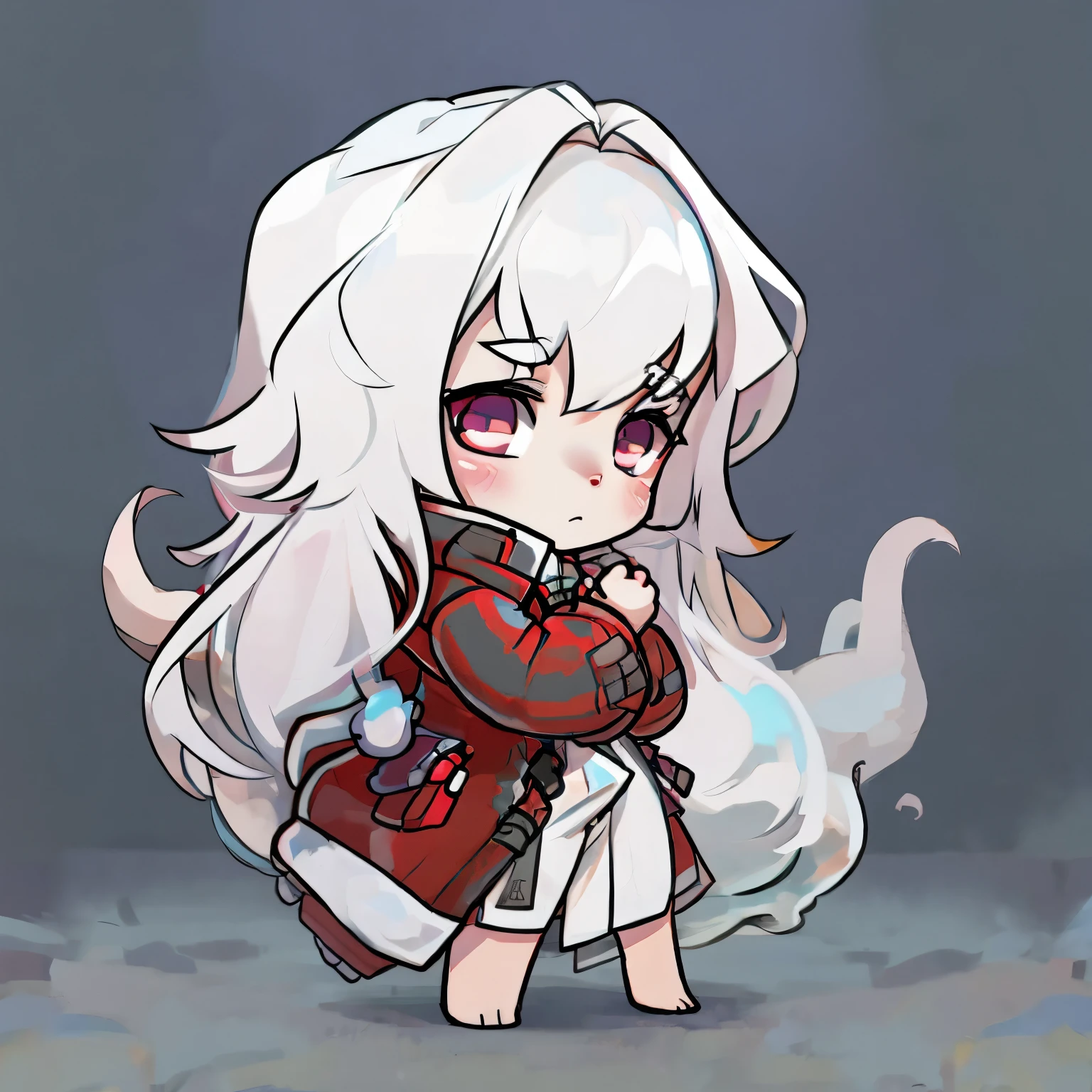 White hair, human body, chibi, fullbody, long hair, safe for work, sfw, long jacket