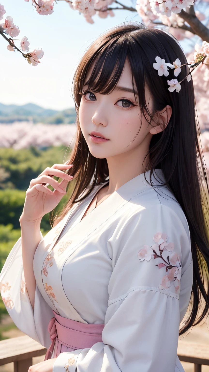 (A logo、masterpiece、8K、masutepiece、Raw photo、Fantastic、Best Quality、Photorealistic and highly detailed CG integrated 8K wallpaper、hightquality、ighly detailed、epic poem、Particle effect、Dynamic effects、depth of fields、Cinematic Light、Lens Flare、Ray tracing)、Fantasia、 (Beauty 1 person、White Japanese Clothing、Japanese dress、White cherry blossom pattern、White cherry blossom embroidery pattern、A dark-haired、Beautiful face、Real Face、beautiful details eyes beautiful skin)、Hair flutters in the wind、Hair jumps、Pink cherry blossom tree、Petals flutter、Sakura blizzard、Superb view、morning glow、Sun in the background、the wind、Deities、tusk、myth、Vast Land、