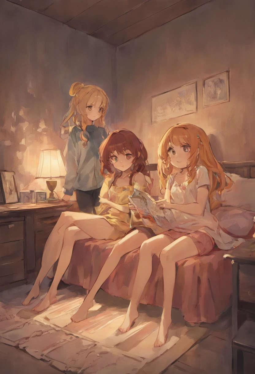 a drawing of three girls sitting on a bed talking to each other, intense line art, line art colouring page, cell shaded adult animation, simple lineart, bold lineart, clean lineart, whole page illustration, art in the style of terry moore, sitting pose, intense black line art, variable lineart, thick lineart, lineart, early screen test
