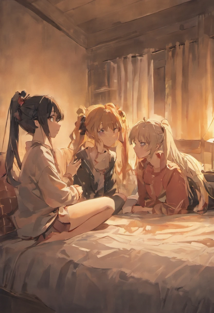 a drawing of three girls sitting on a bed talking to each other, intense line art, line art colouring page, cell shaded adult animation, simple lineart, bold lineart, clean lineart, whole page illustration, art in the style of terry moore, sitting pose, intense black line art, variable lineart, thick lineart, lineart, early screen test