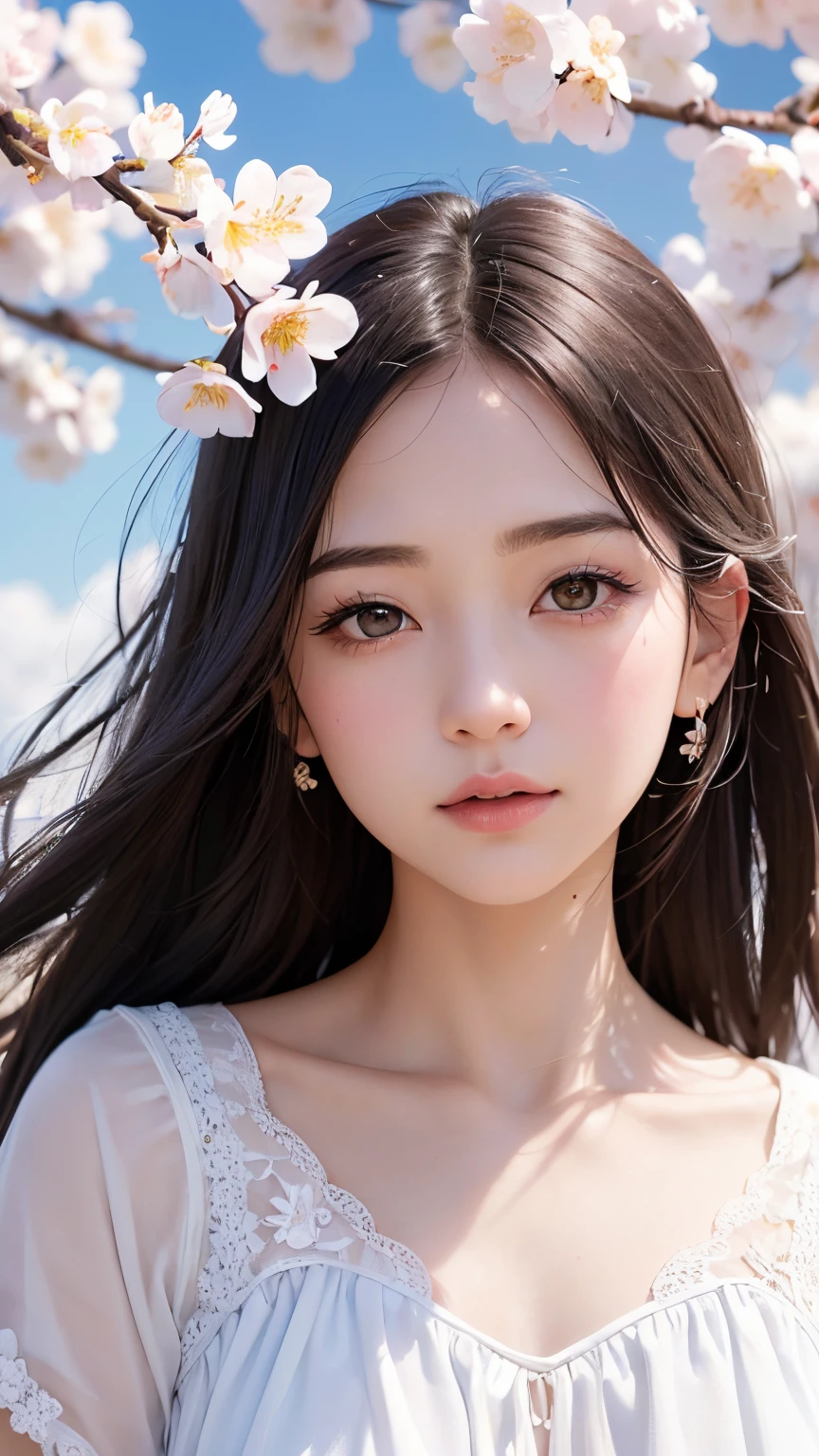 A girl,petite,realisticlying, The upper part of the body, Realistis,Flowering trees,Floating hair, Detailed face --auto