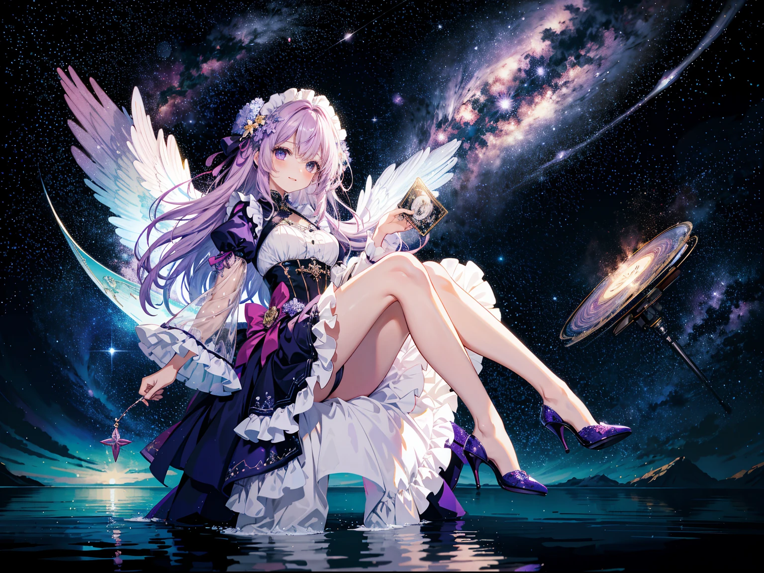 8k, wallpaper, Tarot World theme, art by takami, a girl floating in universe, milkyway, the girl wearing very long frilled dress pink and purple, with purple high heels, and long frilly sleeves, long and dense hair, surround colorful flowers, background is huge water blue planet