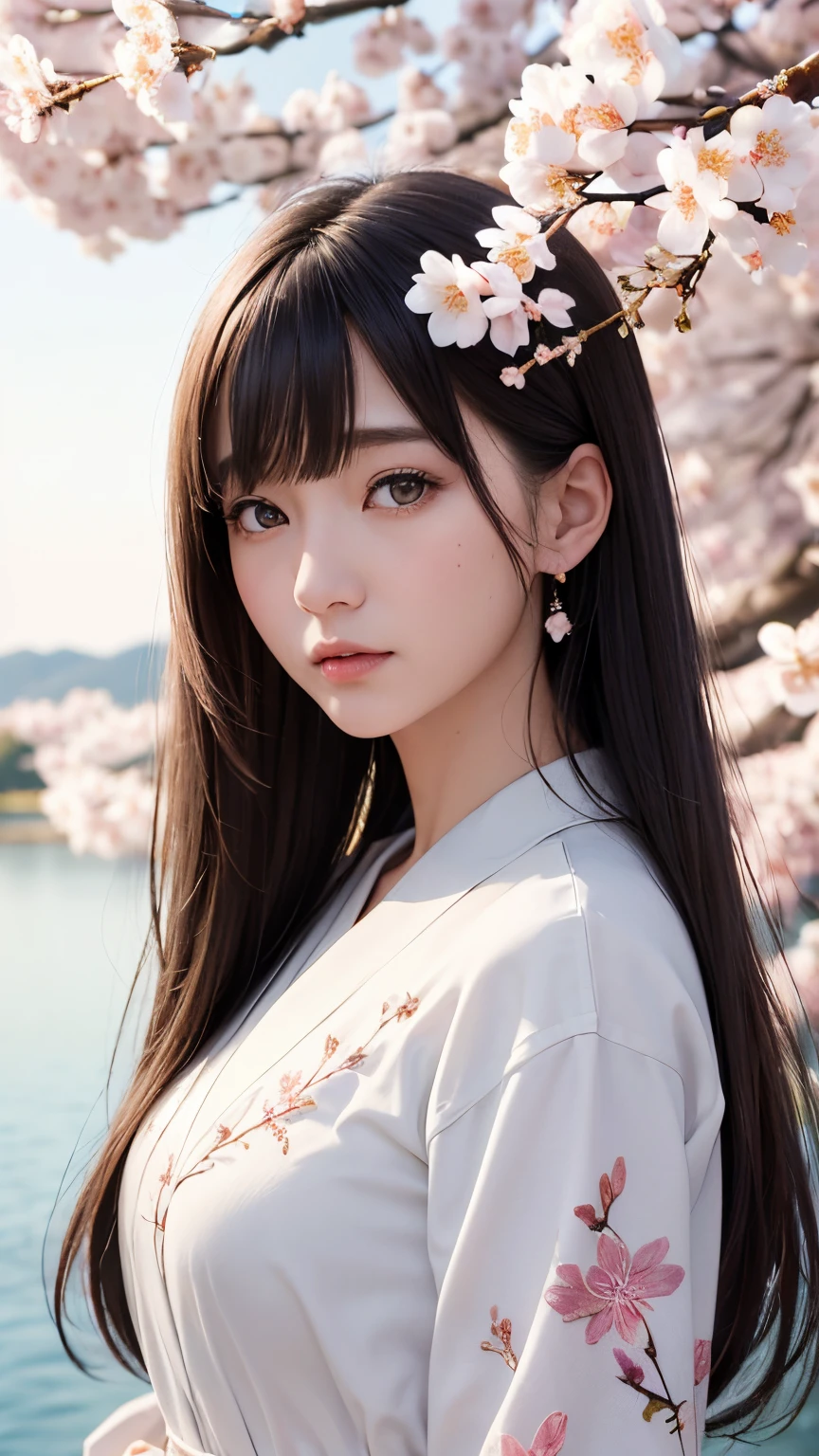 (A logo、masterpiece、8K、masutepiece、Raw photo、Fantastic、Best Quality、Photorealistic、extremely detailed CG unified 8k wallpaper、hightquality、ighly detailed、epic poem、Particle effect、Dynamic effects、depth of fields、Cinematic Light、Lens Flare、Ray tracing)、Fantasia、 (Beauty 1 person、White Japanese Clothing、Japanese dress、White cherry blossom pattern、White cherry blossom embroidery pattern、A dark-haired、Beautiful face、Real Face、Beautiful detail eyes、Beautiful skin)、Hair flutters in the wind、Hair jumps、Pink cherry blossom tree、Petals flutter、Sakura blizzard、Superb view、morning glow、Sun in the background、the wind、Deities、tusk、myth、Vast Land、