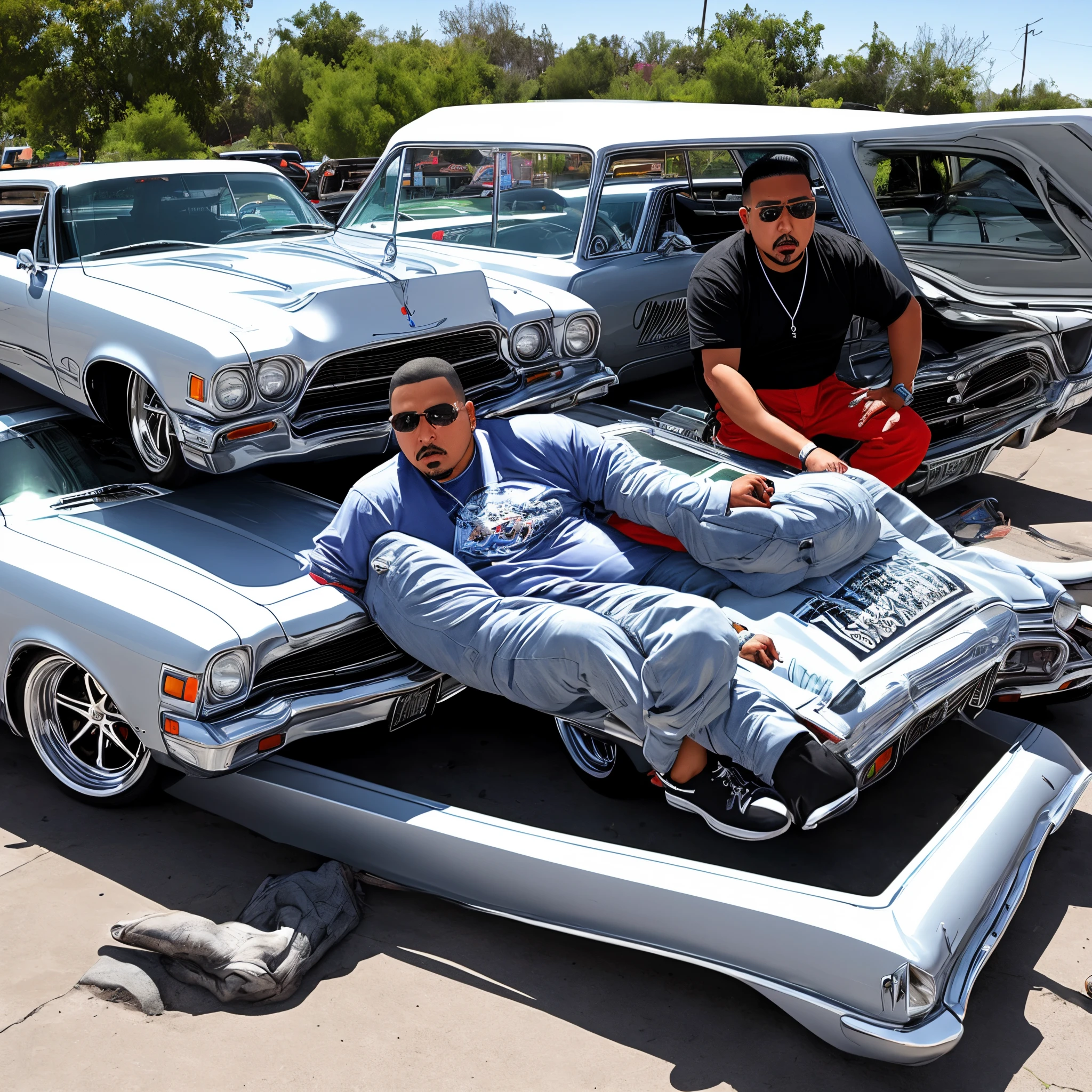 Mexican gangster next to a lowrider car on hydraulics