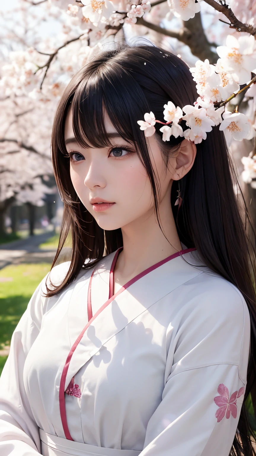 (A logo、​masterpiece、8K、masutepiece、Raw photo、Fantastic、Best Quality、Photorealistic、extremely detailed CG unified 8k wallpaper、hightquality、ighly detailed、epic poem、Particle effect、Dynamic effects、depth of fields、Cinematic Light、Lens Flare、Ray tracing)、Fantasia、 (Beauty 1 person、White Japanese Clothing、Japanese dress、White cherry blossom pattern、White cherry blossom embroidery pattern、A dark-haired、Beautiful face、Real Face、Beautiful detail eyes、Beautiful skin)、Hair flutters in the wind、Hair jumps、Pink cherry blossom tree、Petals flutter、Sakura blizzard、Superb view、morning glow、Sun in the background、the wind、Deities、tusk、myth、Vast Land、