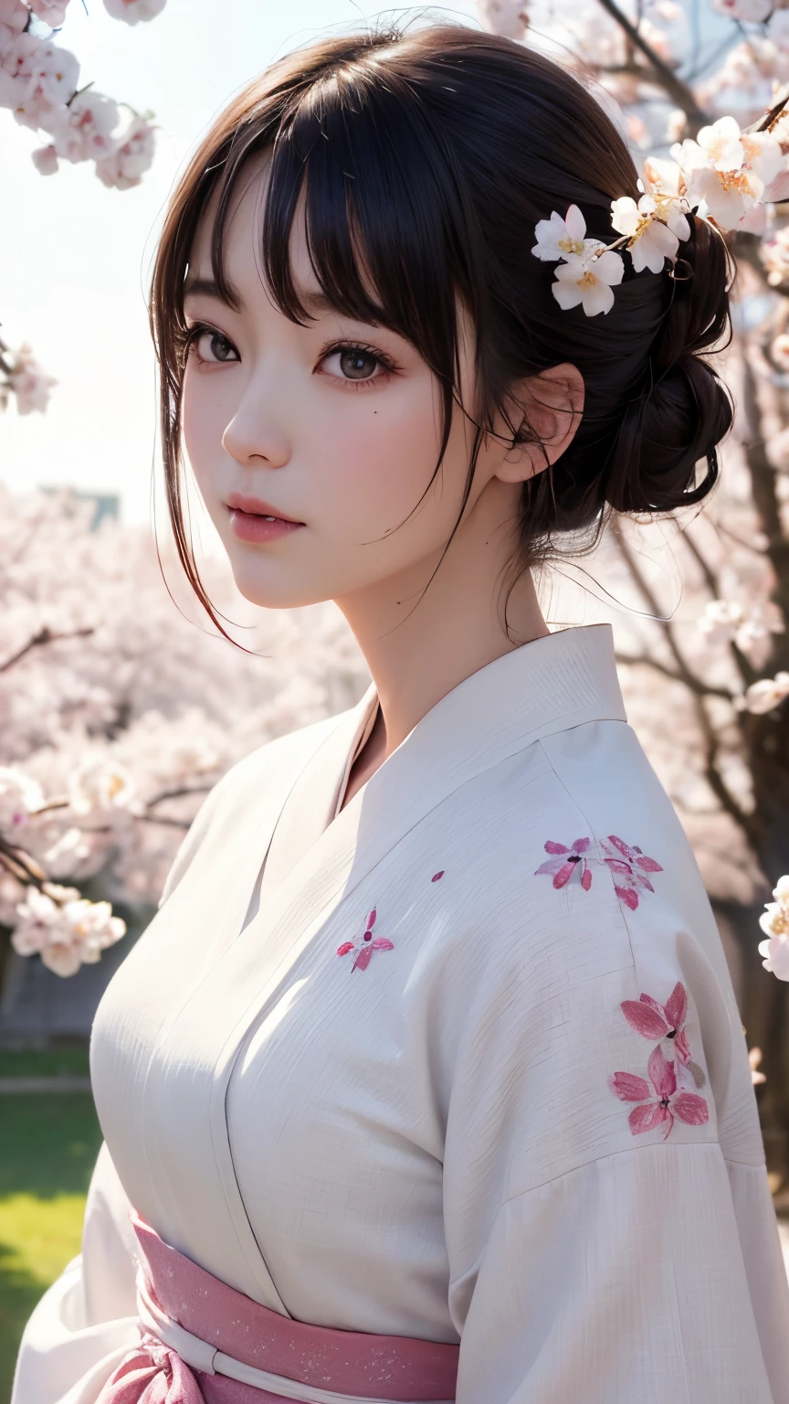 (A logo、masterpiece、8K、masutepiece、Raw photo、Fantastic、Best Quality、Photorealistic、extremely detailed CG unified 8k wallpaper、hightquality、ighly detailed、epic poem、Particle effect、Dynamic effects、depth of fields、Cinematic Light、Lens Flare、Ray tracing)、Fantasia、 (Beauty 1 person、White Japanese Clothing、Japanese dress、White cherry blossom pattern、White cherry blossom embroidery pattern、A dark-haired、Beautiful face、Real Face、Beautiful detail eyes、Beautiful skin)、Hair flutters in the wind、Hair jumps、Pink cherry blossom tree、Petals flutter、Sakura blizzard、Superb view、morning glow、Sun in the background、the wind、Deities、tusk、myth、Vast Land、