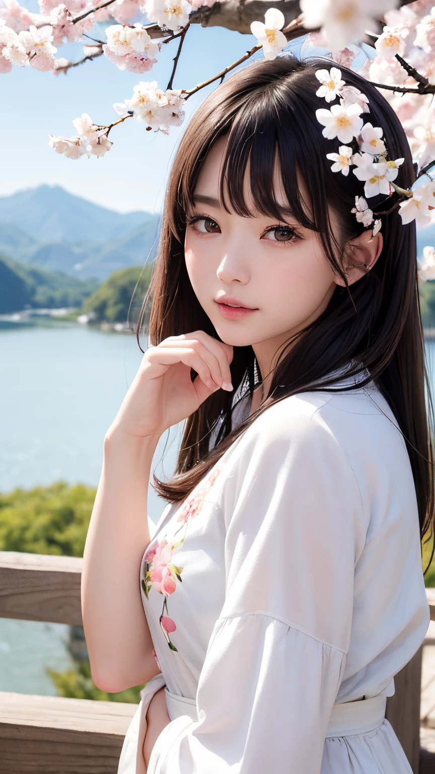 (A logo、​masterpiece、8K、masutepiece、Raw photo、Fantastic、Best Quality、Photorealistic、extremely detailed CG unified 8k wallpaper、hightquality、ighly detailed、epic poem、Particle effect、Dynamic effects、depth of fields、Cinematic Light、Lens Flare、Ray tracing)、Fantasia、 (Beauty 1 person、White Japanese Clothing、Japanese dress、White cherry blossom pattern、White cherry blossom embroidery pattern、A dark-haired、Beautiful face、Real Face、Beautiful detail eyes、Beautiful skin)、Hair flutters in the wind、Hair jumps、Pink cherry blossom tree、Petals flutter、Sakura blizzard、Superb view、morning glow、Sun in the background、the wind、Deities、tusk、myth、Vast Land、