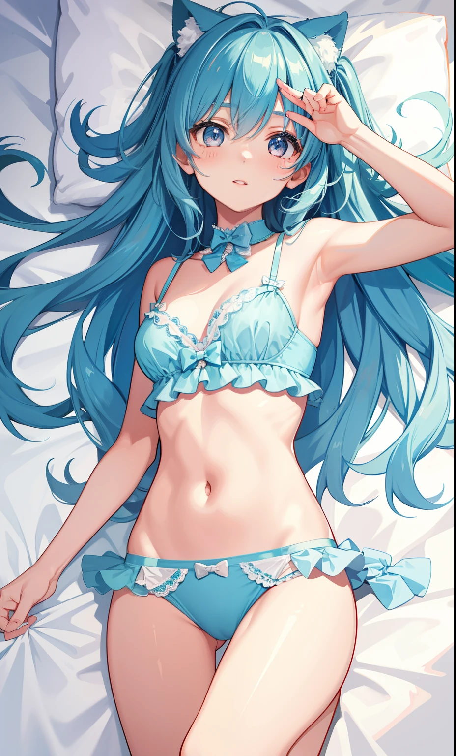 1 girl in, Cute underwear, Cute, Little、Light blue underwear、A slender、Twin-tailed、17 age