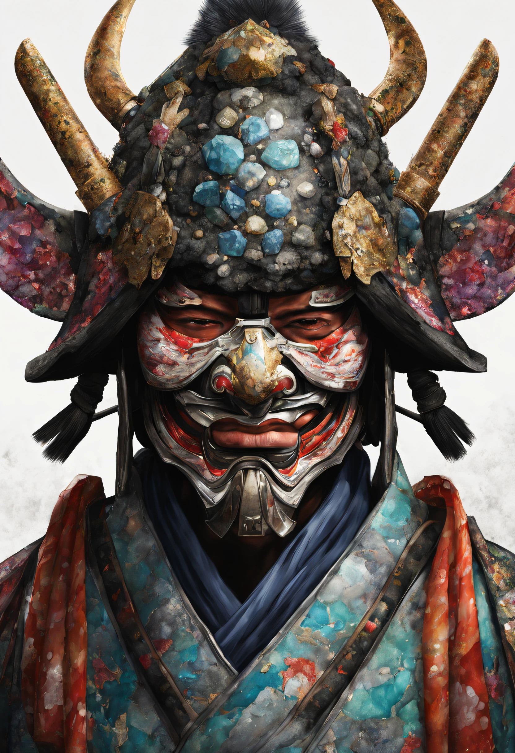 The realistic face of a Japanese ronin with his mask and helmet made of multicolored diamond and presious rock, it's realistic and detailed.